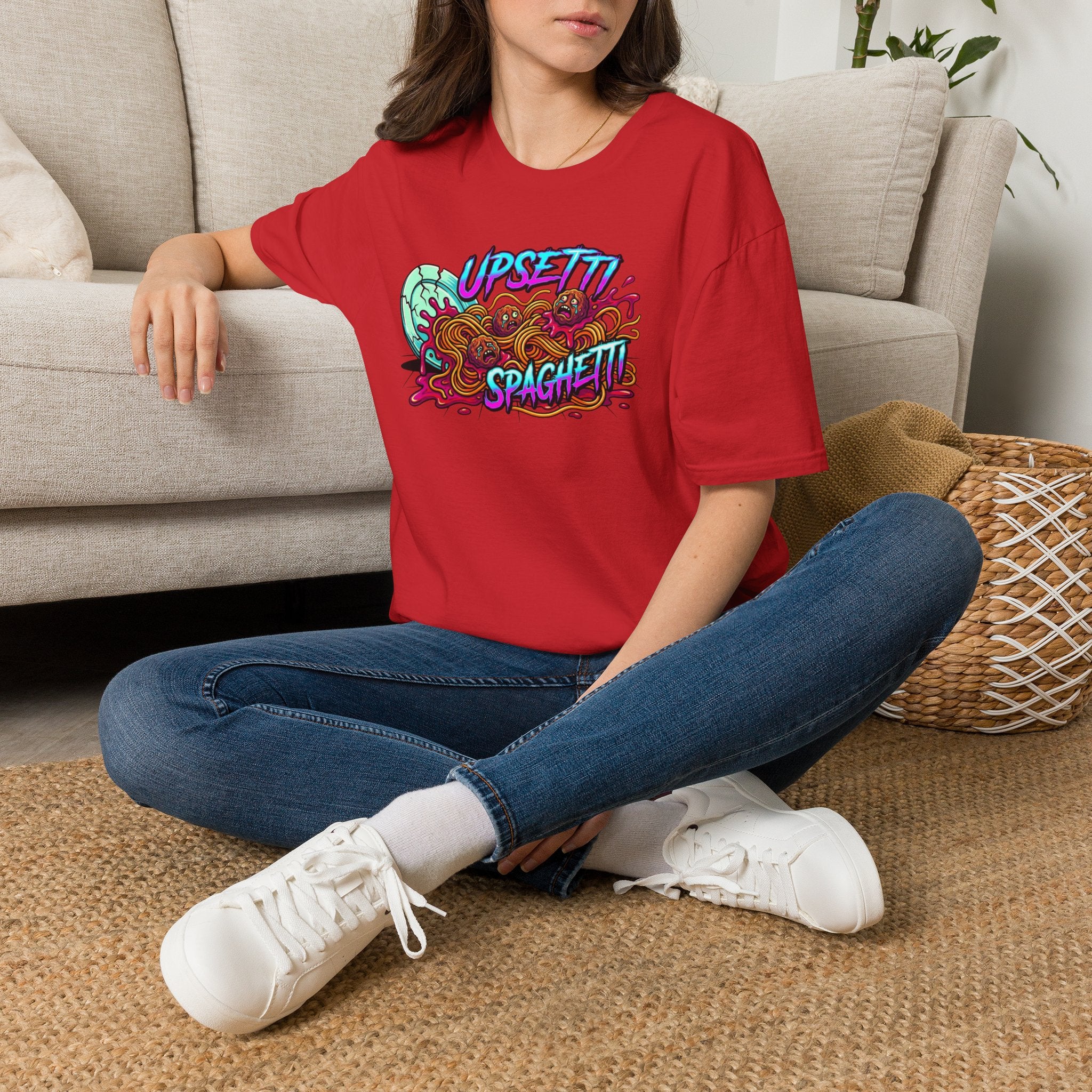 Upsetti Spaghetti T-Shirt — Funny Cartoon Spilled Pasta Graphic Tee