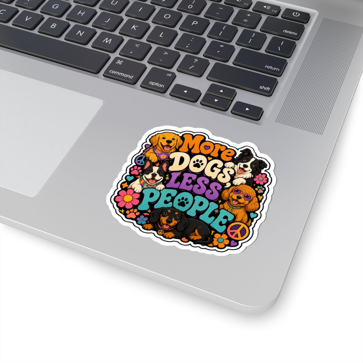 More Dogs Less People Sticker — Retro Hippie Dog Laptop Kiss-Cut Sticker