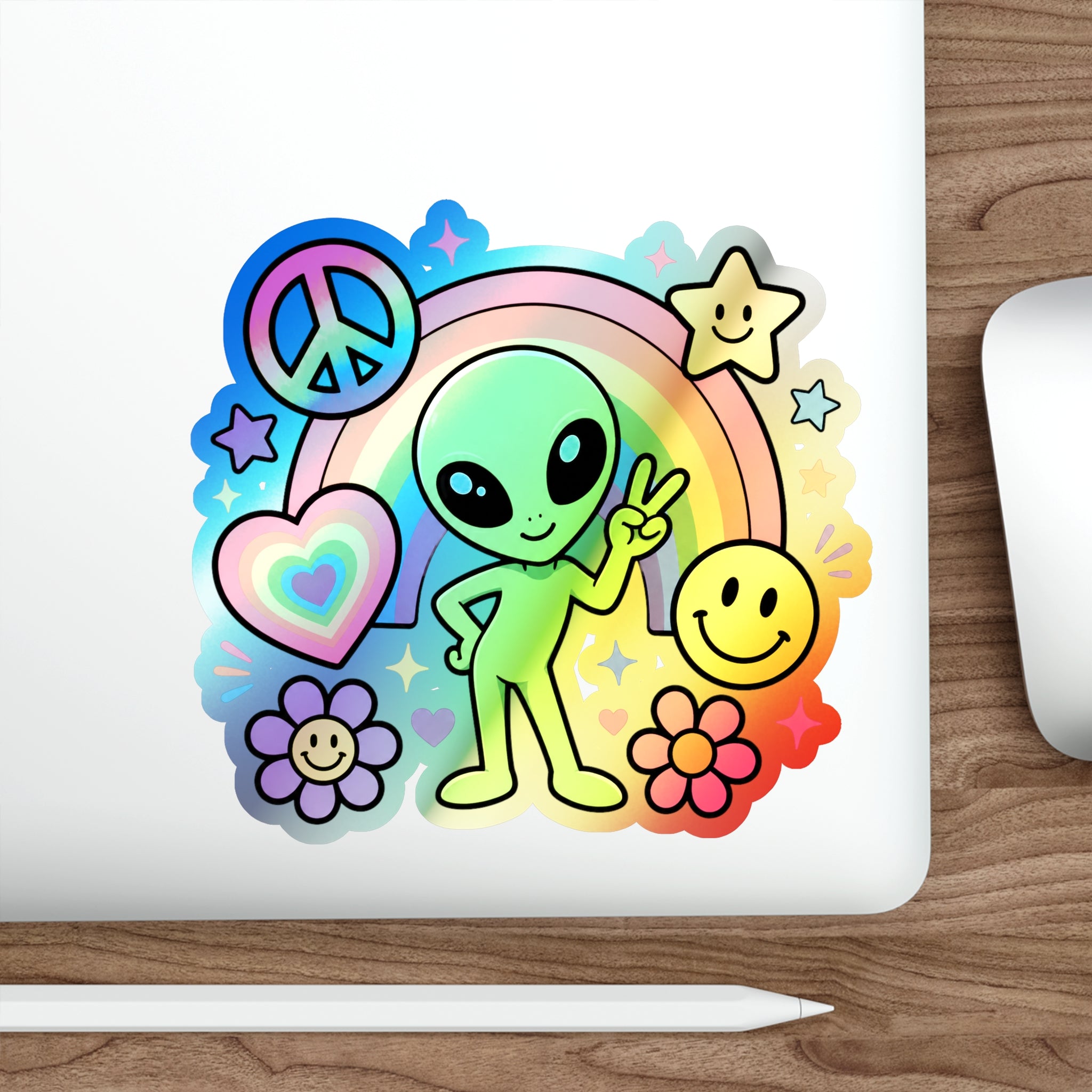 Holographic Alien Peace Sticker — Rainbow Psychedelic Die-Cut Sticker #03