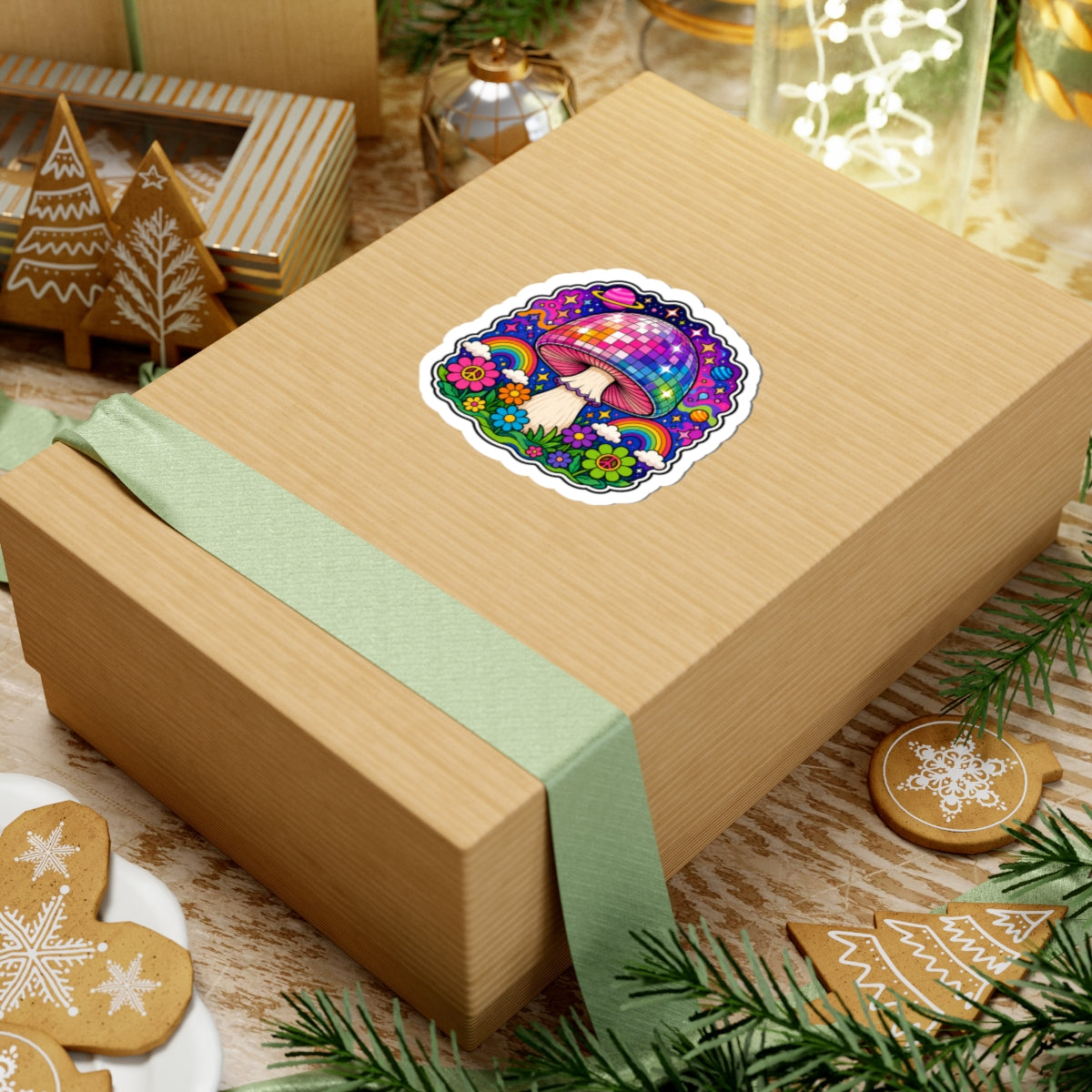 Psychedelic Disco Mushroom Sticker — Rainbow Retro Floral Kiss-Cut Vinyl