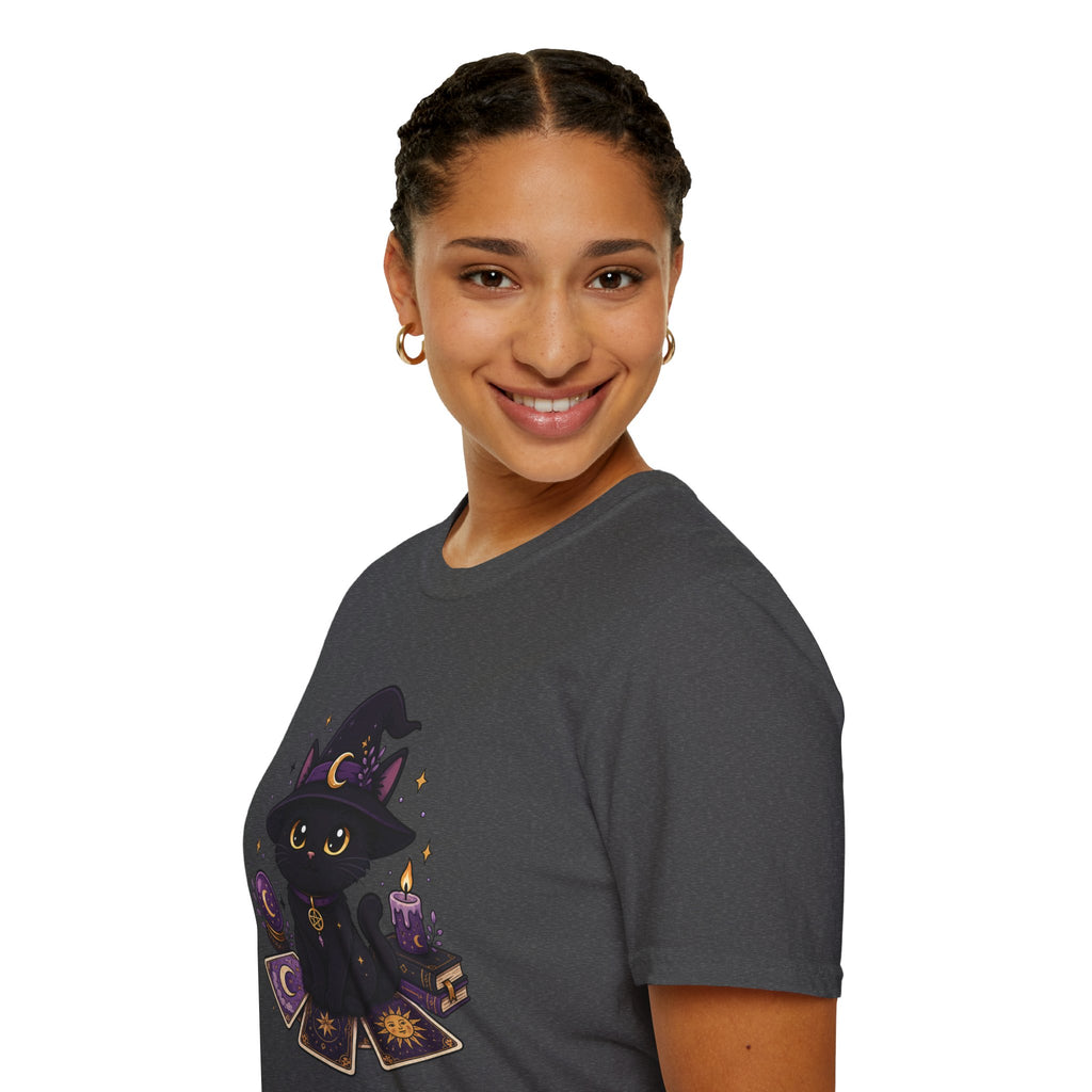Tarot Cat T-Shirt — Cute Black Cat with Witch Hat & Tarot Candles