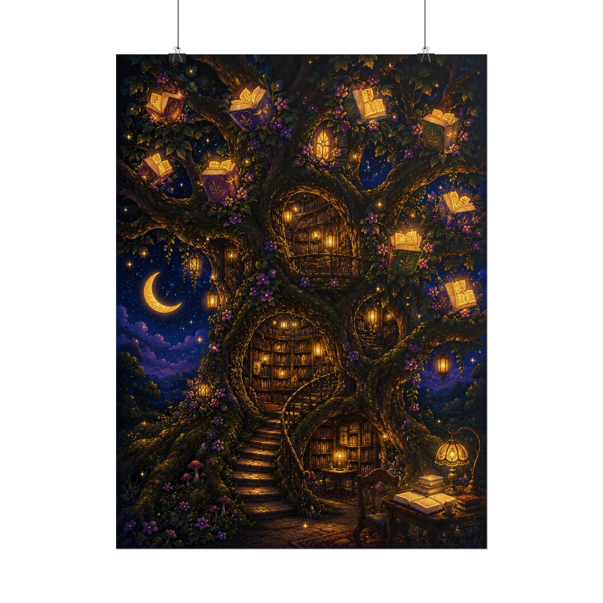 Fantasy Tree Library Poster — Magical Night Book Nook Wall Art