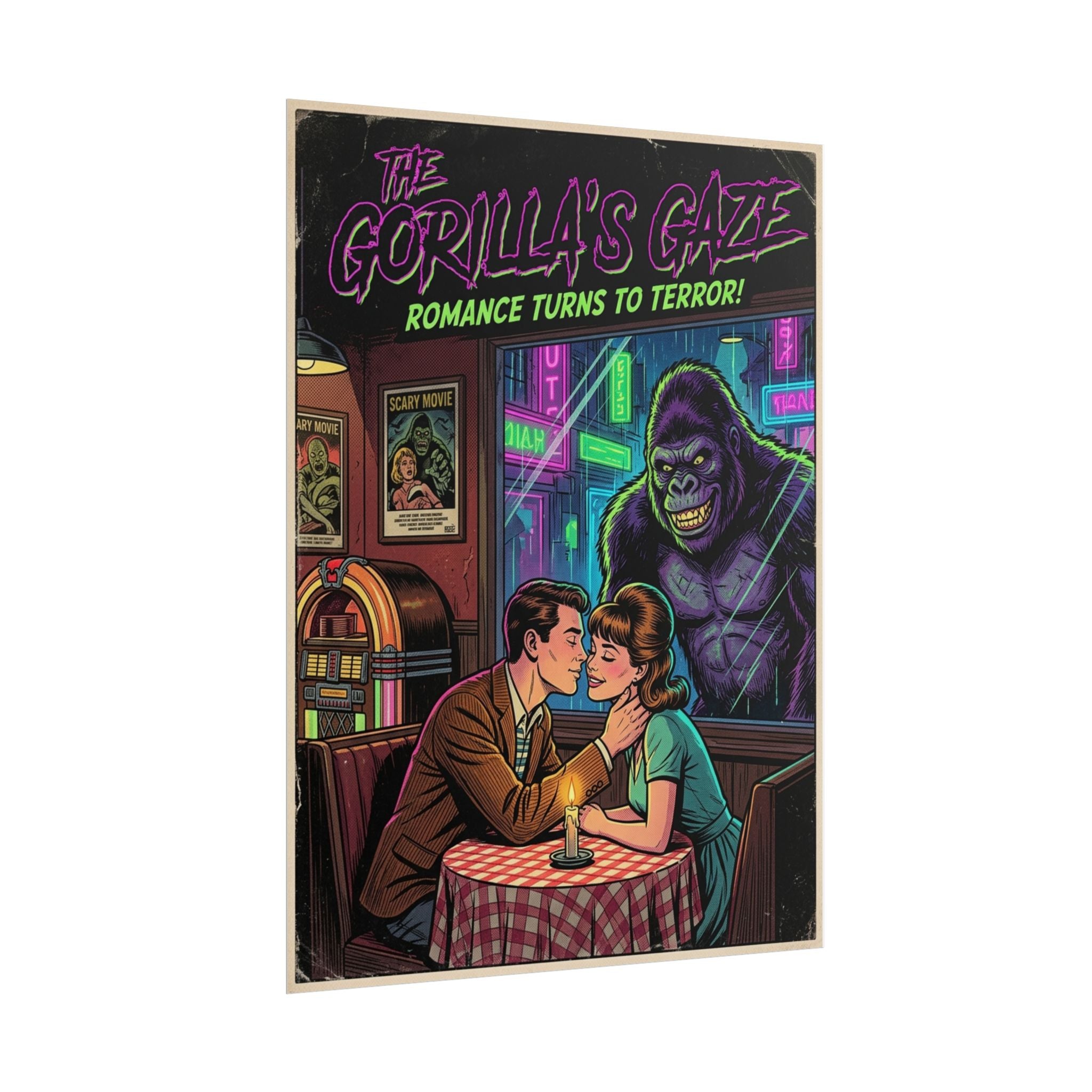 Rolled Poster — "The Gorilla's Gaze" Retro Horror Romance Movie Poster Neon Pop Art