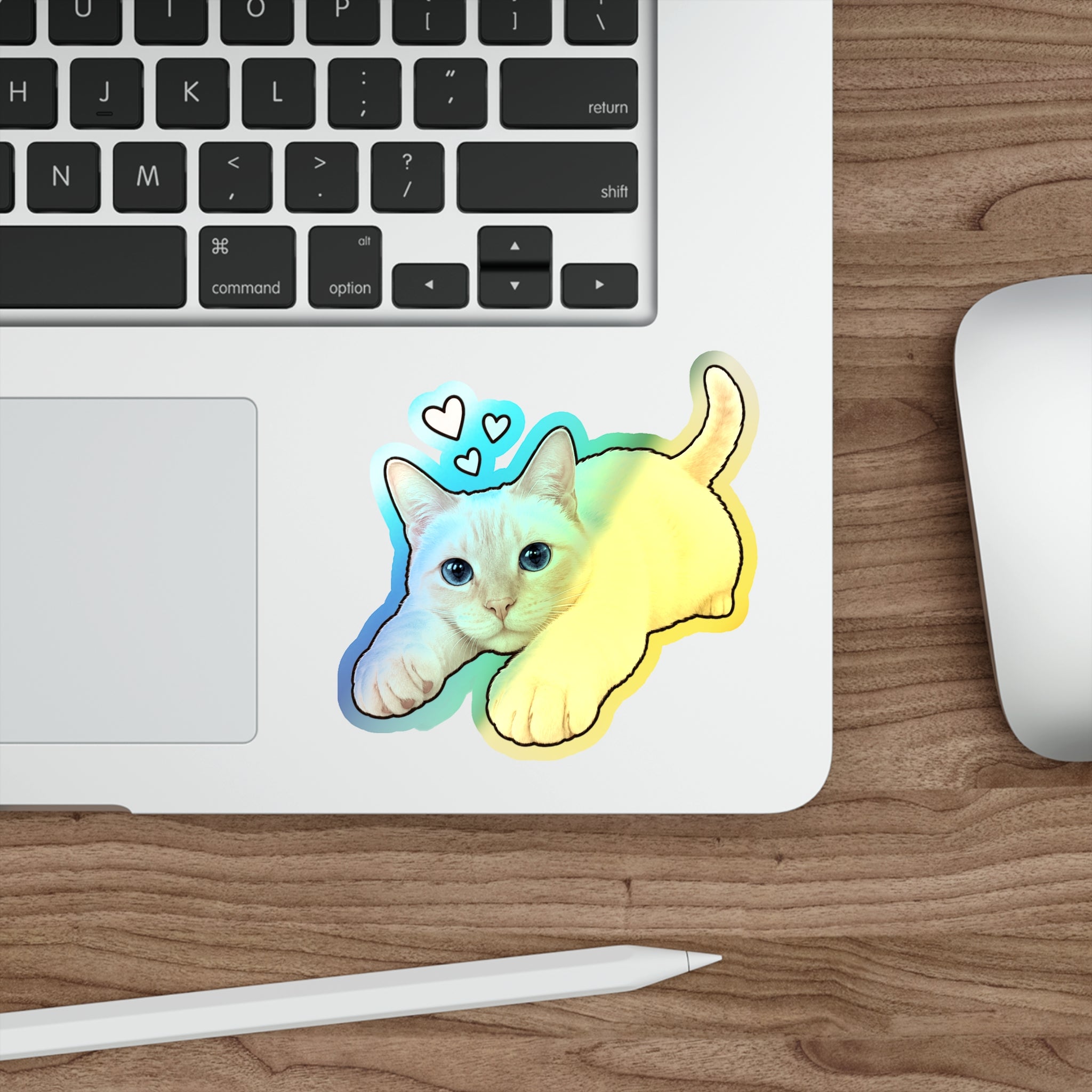 Holographic Cat Die-Cut Sticker — Cute Siamese Kitten with Hearts