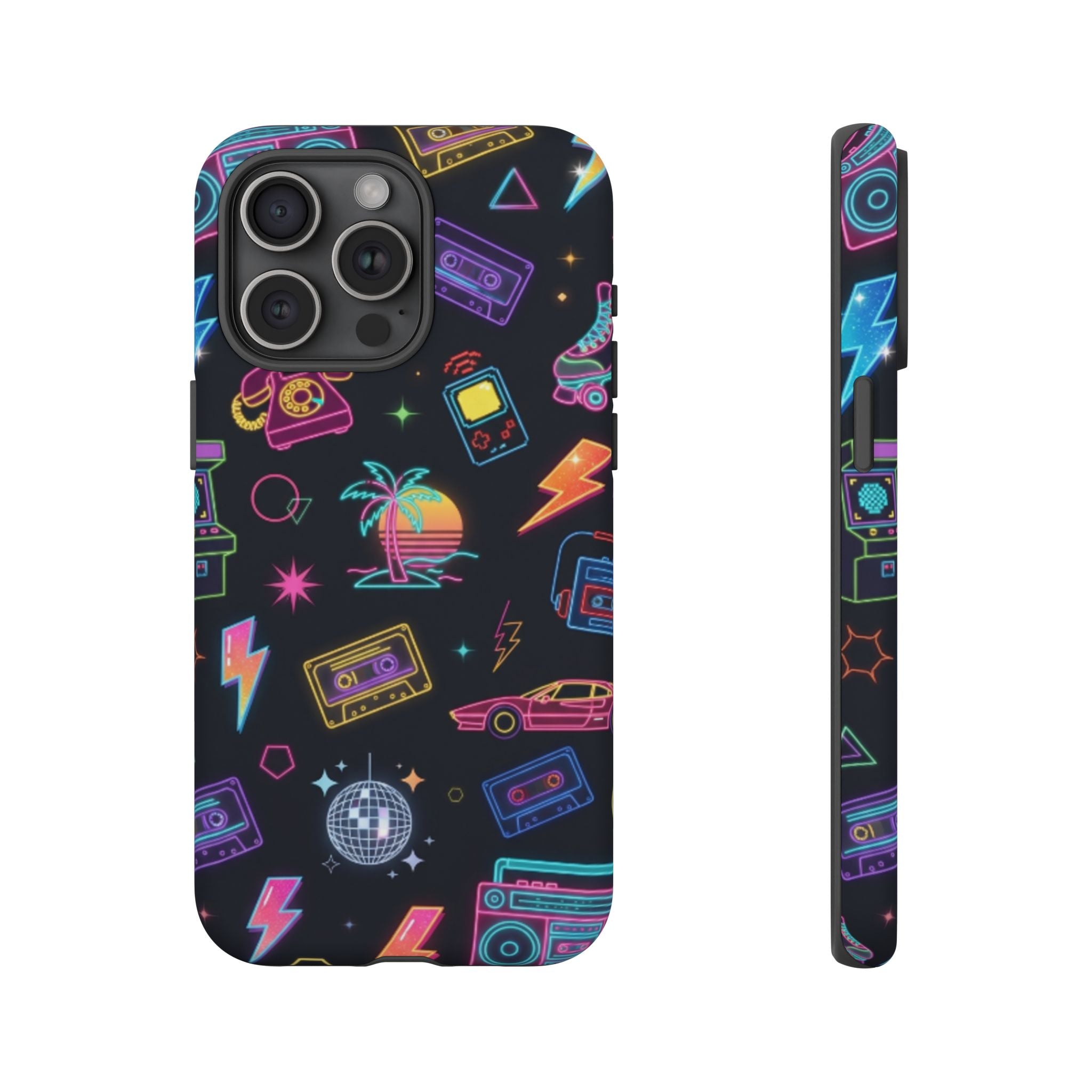 Retro Neon 80s Phone Case — Cassette, Roller Skate & Palm Tree Pattern