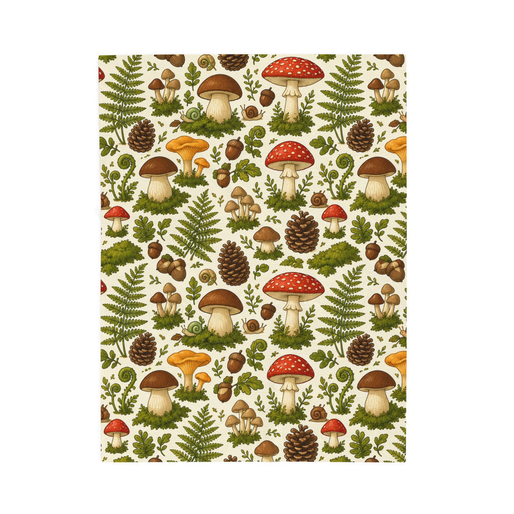 Mushroom Forest Velveteen Plush Blanket – Cozy Woodland Throw with Ferns & Pines