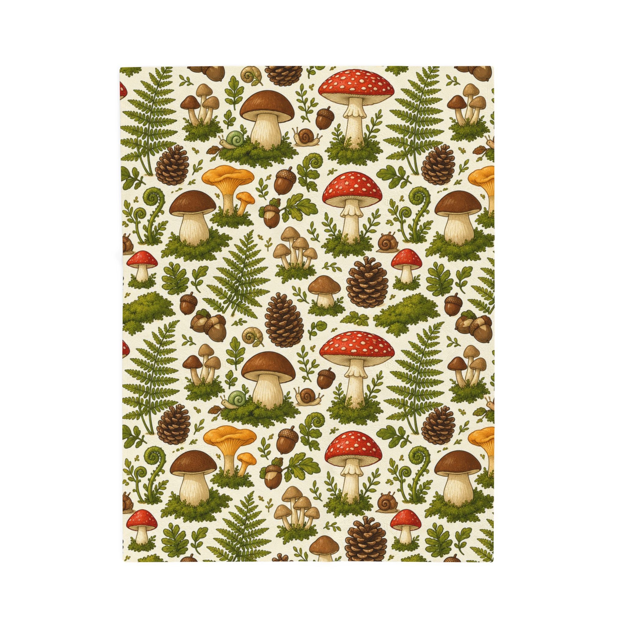 Mushroom Forest Velveteen Plush Blanket – Cozy Woodland Throw with Ferns & Pines