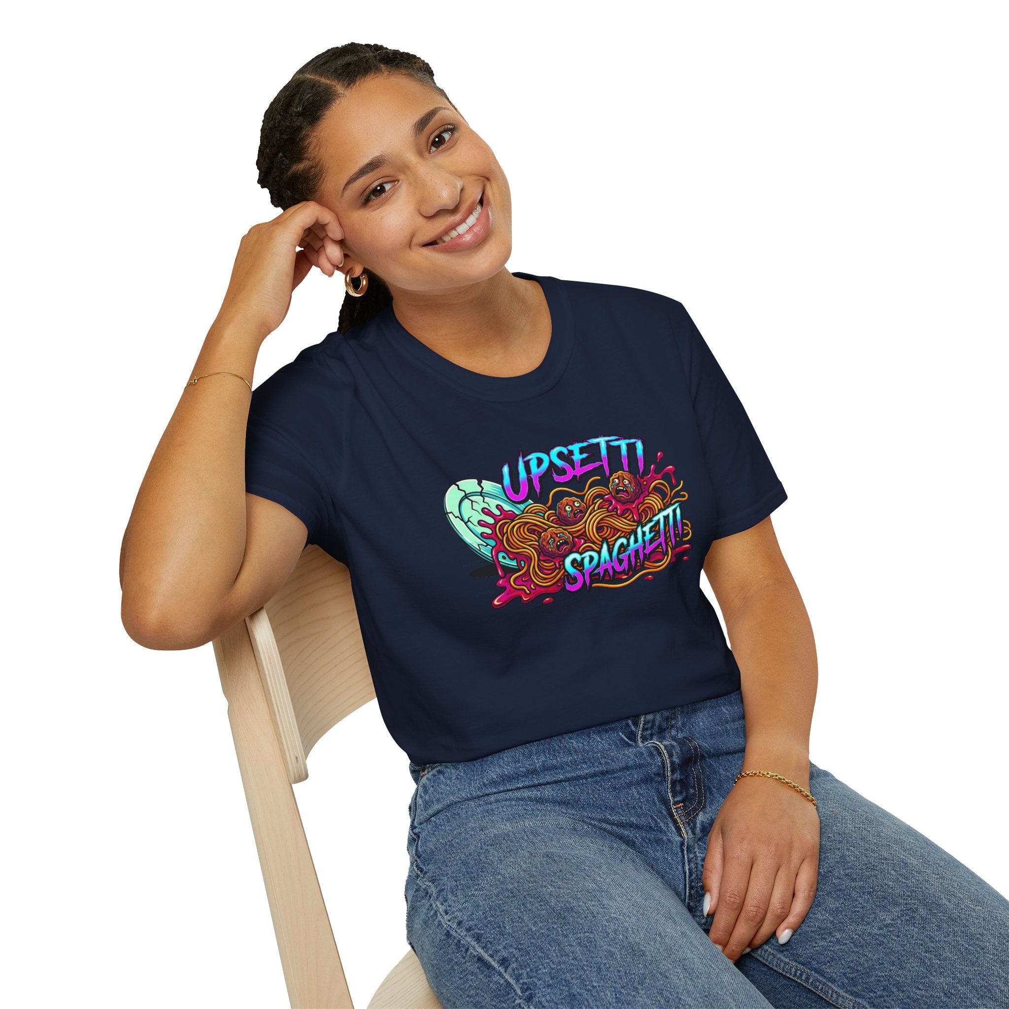 Upsetti Spaghetti T-Shirt — Funny Cartoon Spilled Pasta Graphic Tee