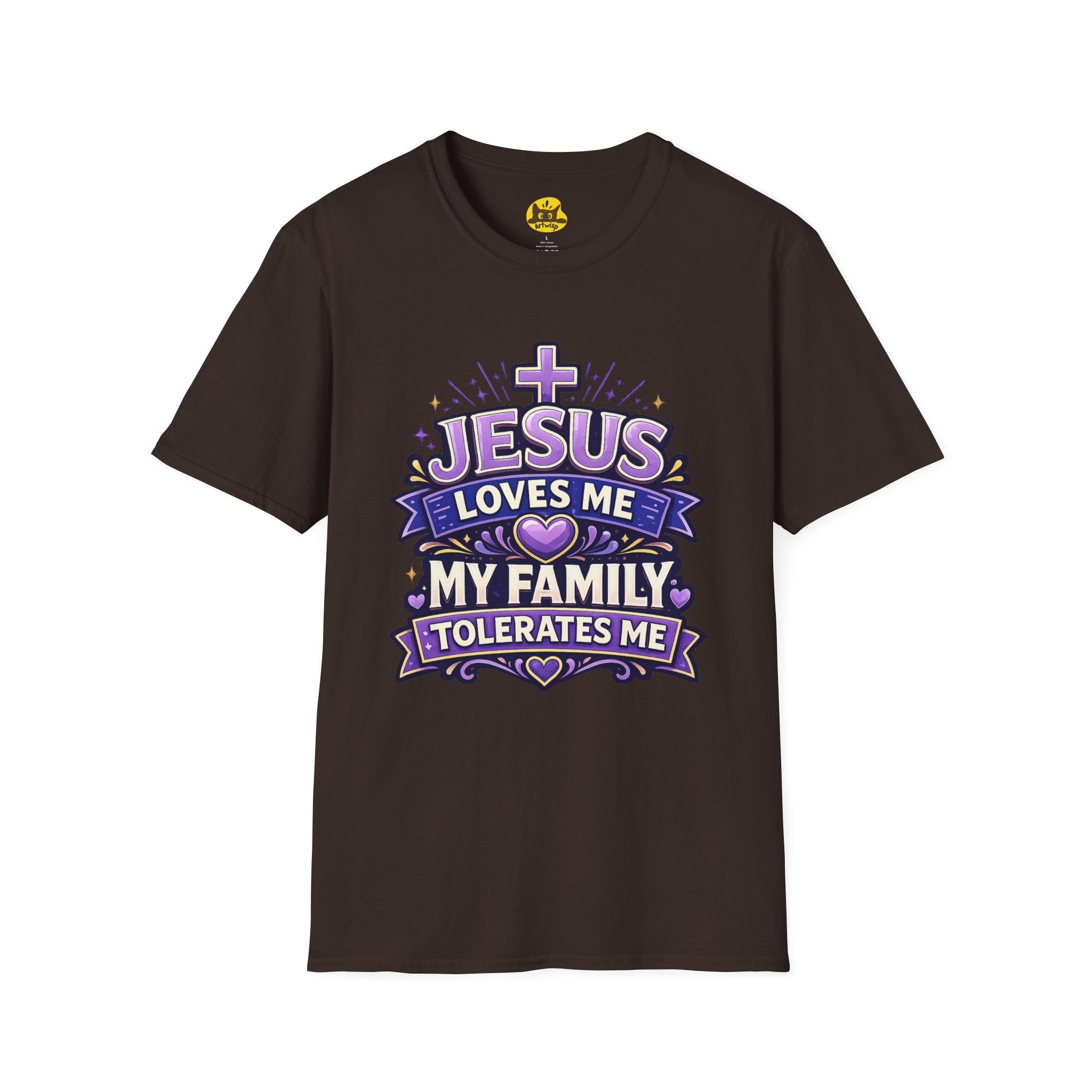 Christian T-Shirt — "Jesus Loves Me, My Family Tolerates Me" Graphic Tee