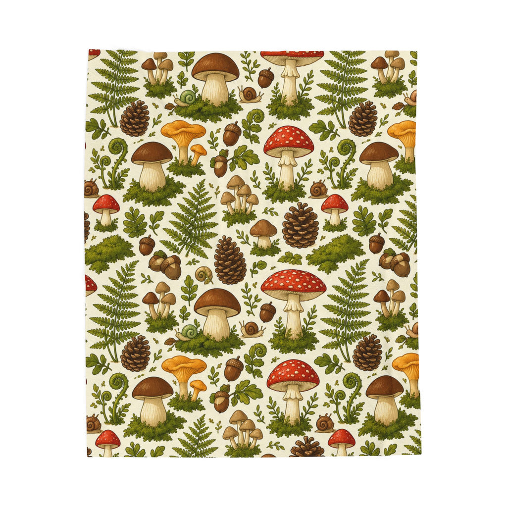 Mushroom Forest Velveteen Plush Blanket – Cozy Woodland Throw with Ferns & Pines