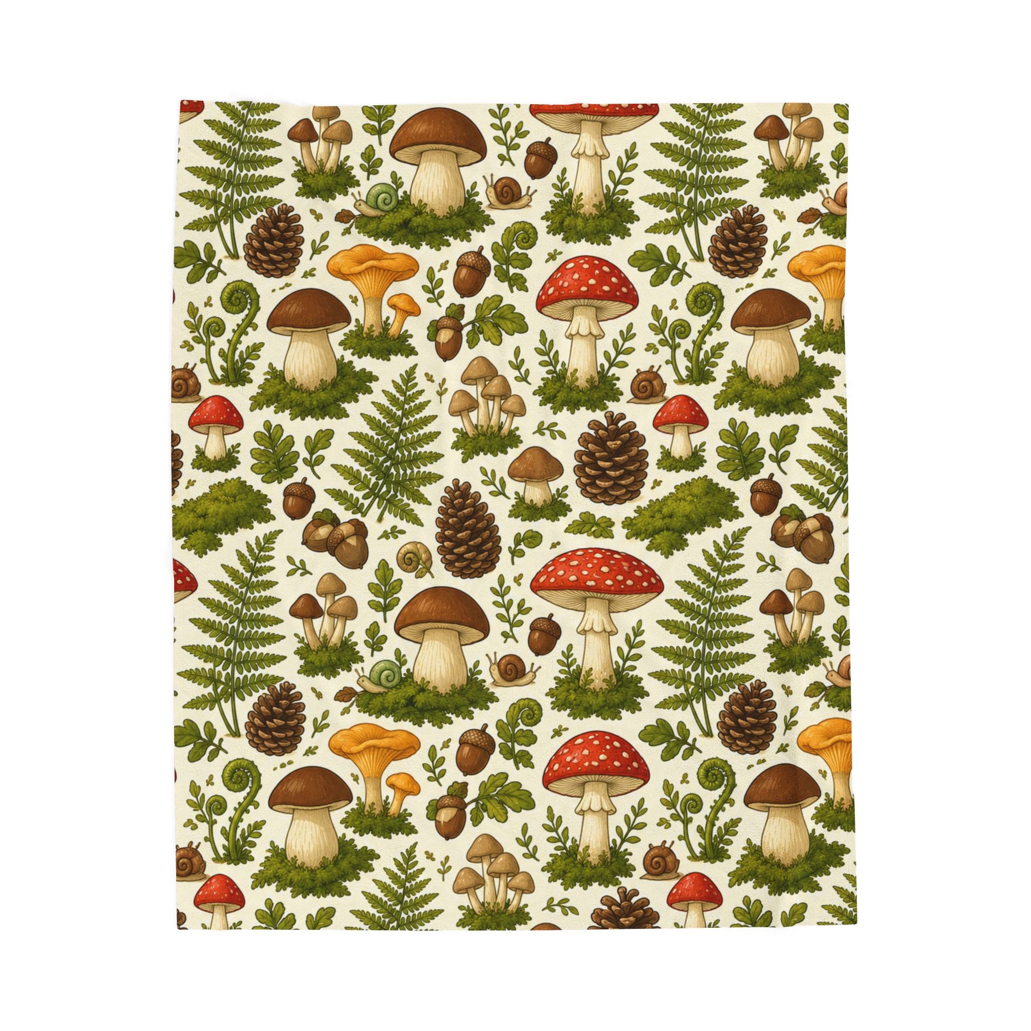 Mushroom Forest Velveteen Plush Blanket – Cozy Woodland Throw with Ferns & Pines