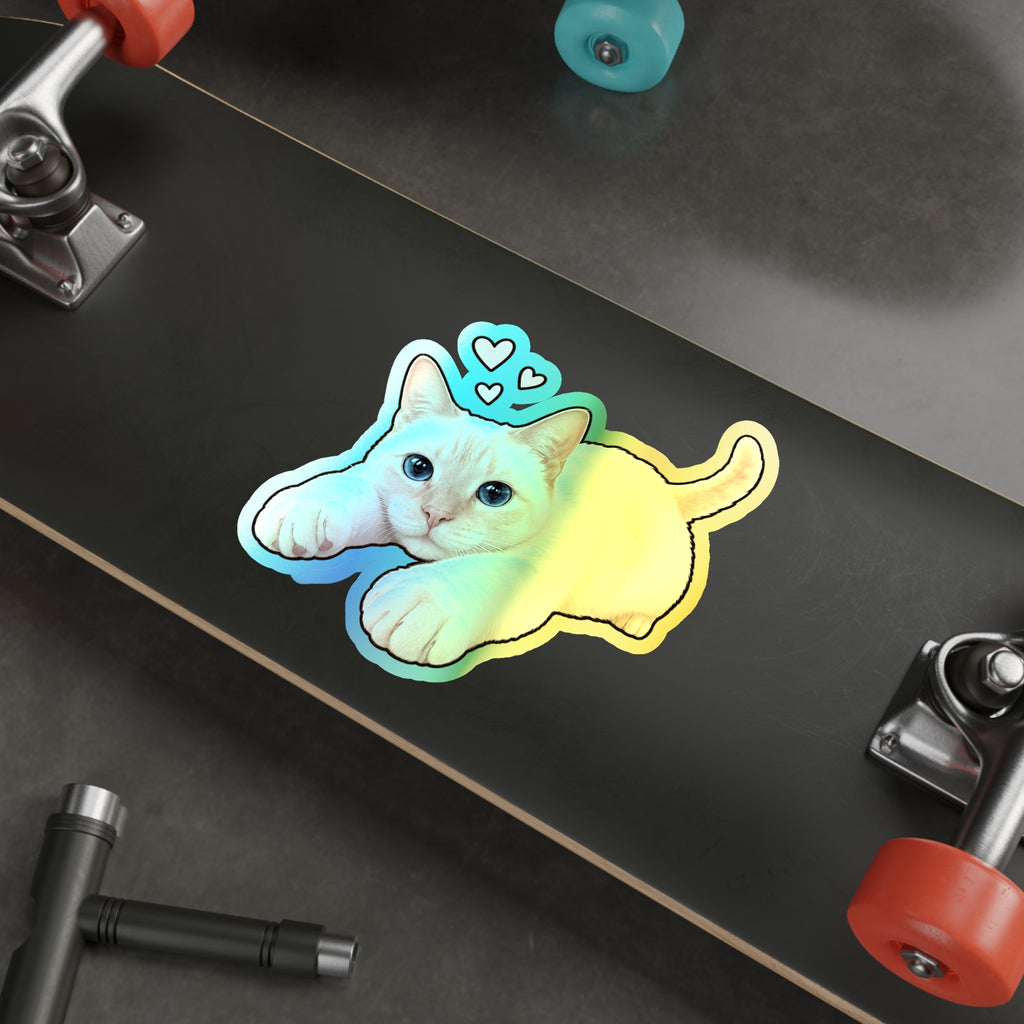 Holographic Cat Die-Cut Sticker — Cute Siamese Kitten with Hearts