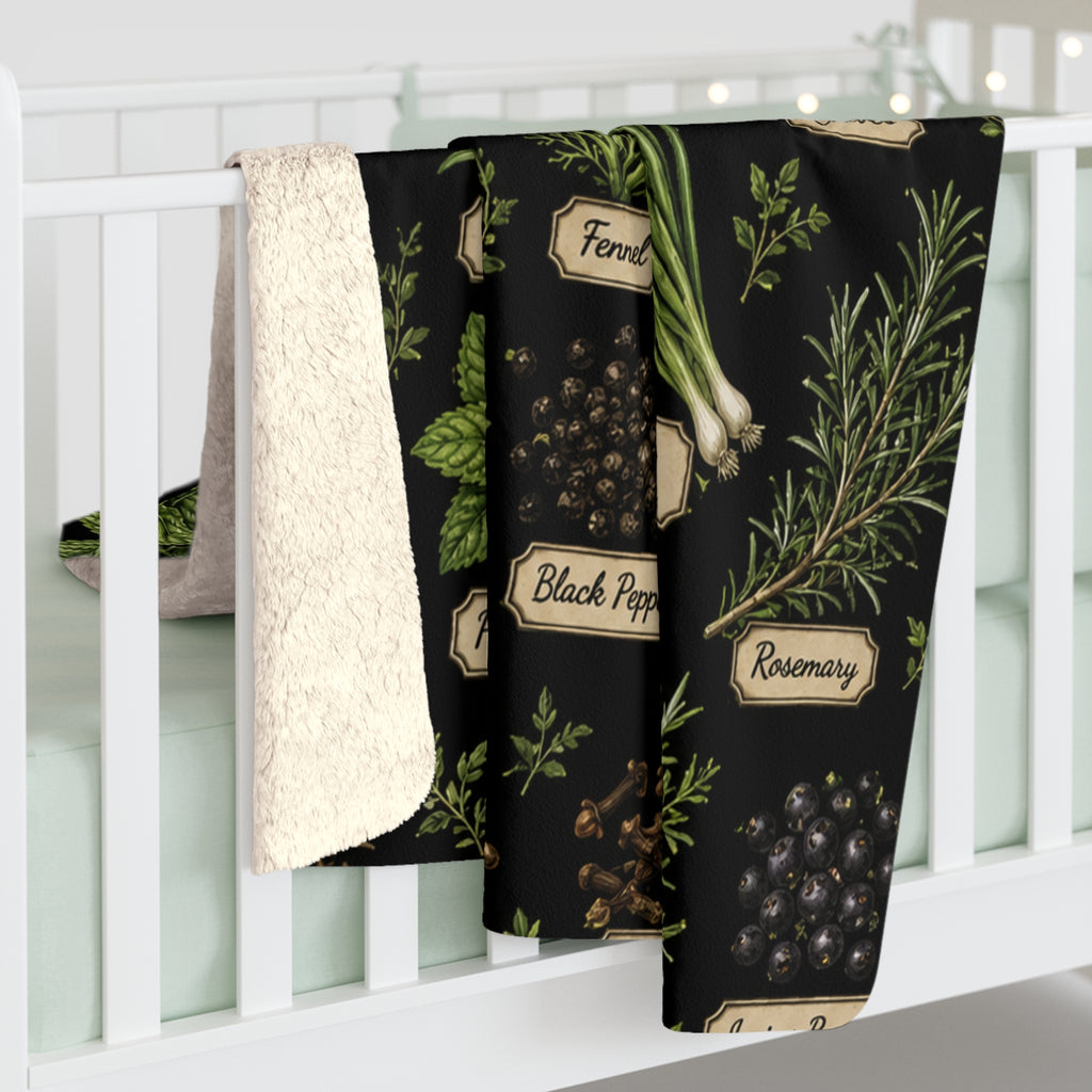 Herb Garden Sherpa Blanket — Cozy Fleece Throw with Labeled Botanical Print