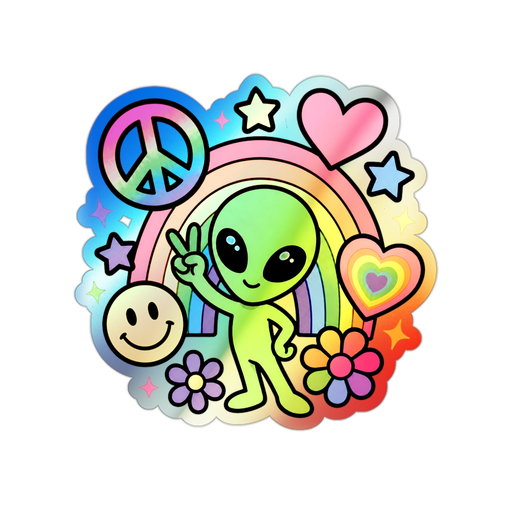 Holographic Alien Peace Sticker — Rainbow Die-Cut Vinyl #02