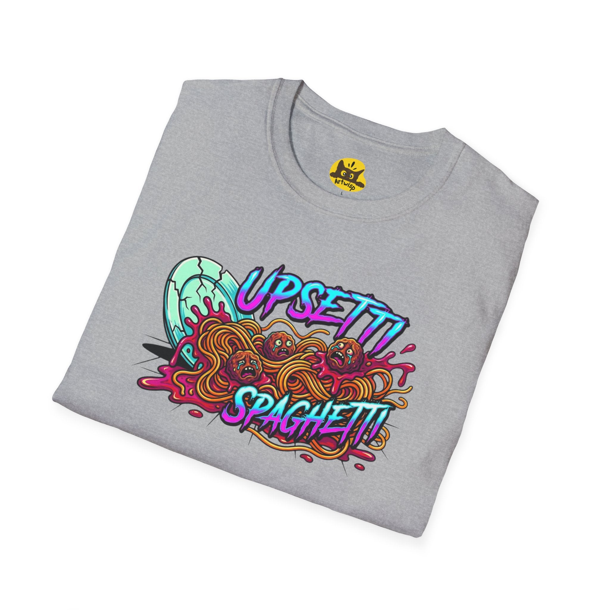 Upsetti Spaghetti T-Shirt — Funny Cartoon Spilled Pasta Graphic Tee