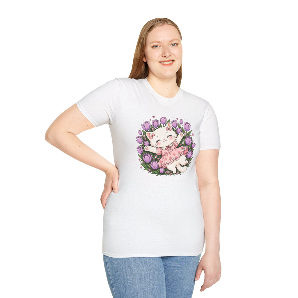Cute Floral Cat T-Shirt — Happy Kitten in Tulips Graphic Tee