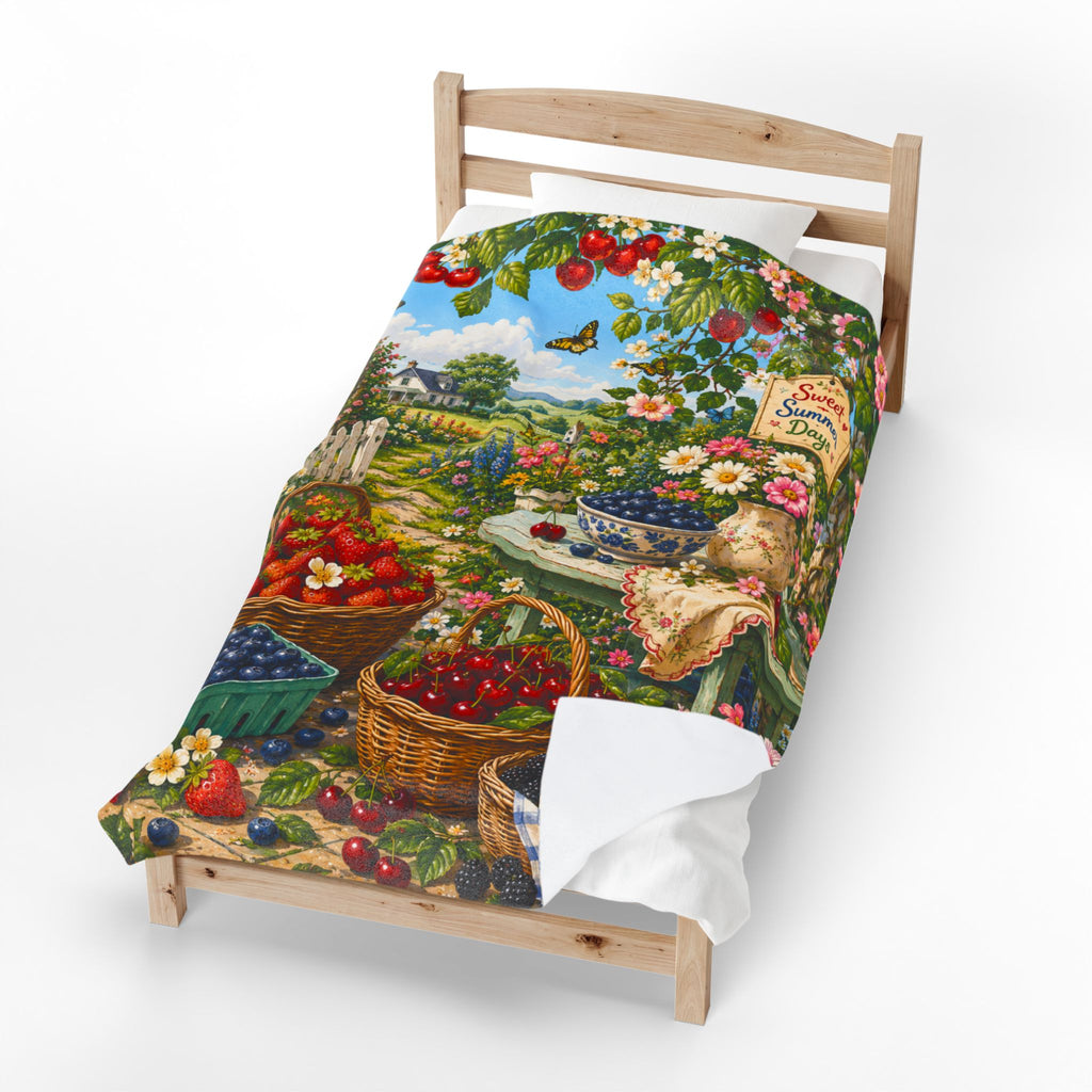 Velveteen Blanket — "Sweet Summer Days" Cottage Garden Berry Print Plush Throw