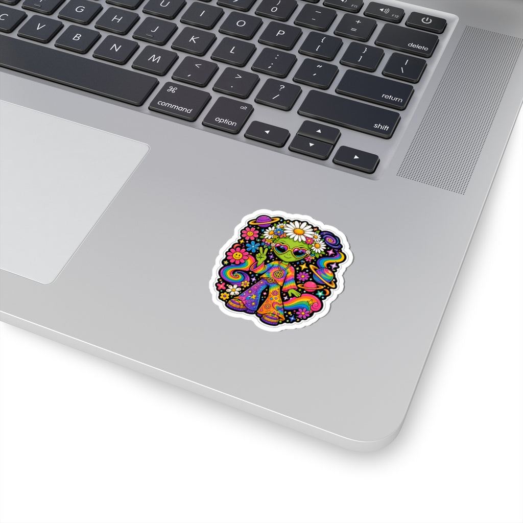 70's Hippie Alien Kiss-Cut Sticker — Retro Rainbow Peace Vibes