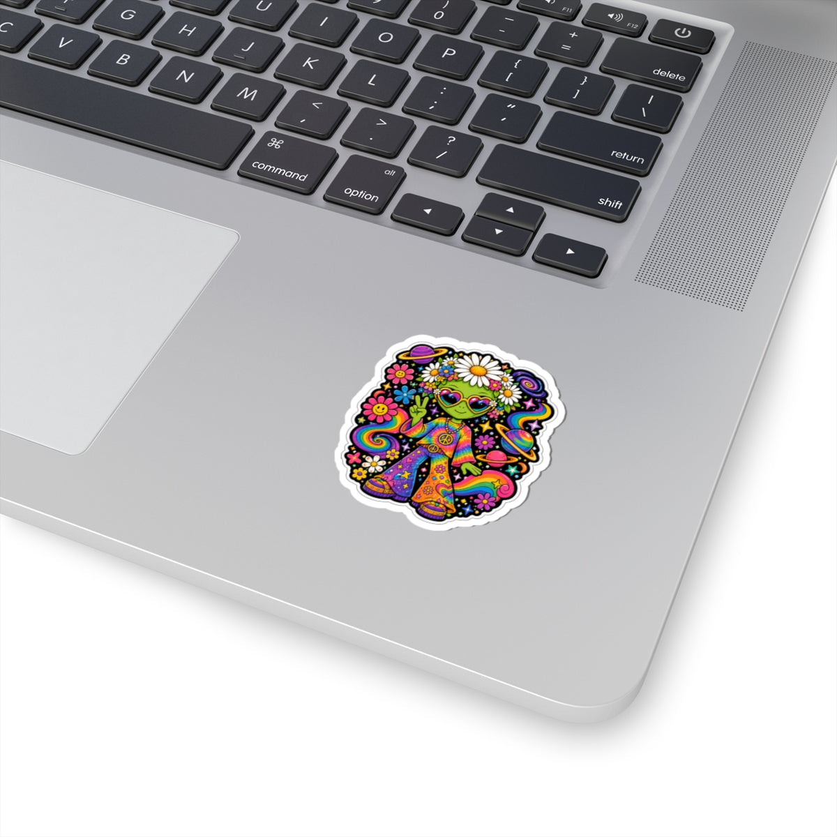 70's Hippie Alien Kiss-Cut Sticker — Retro Rainbow Peace Vibes