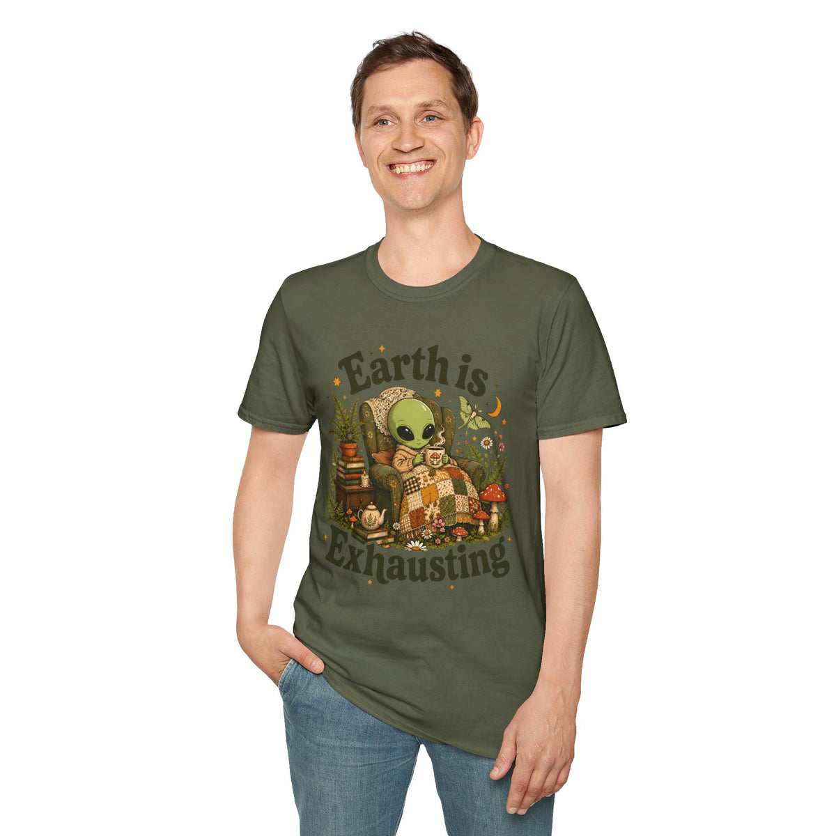 Earth Is Exhausting Alien T-Shirt — Cute Retro Cozy Space Graphic Tee