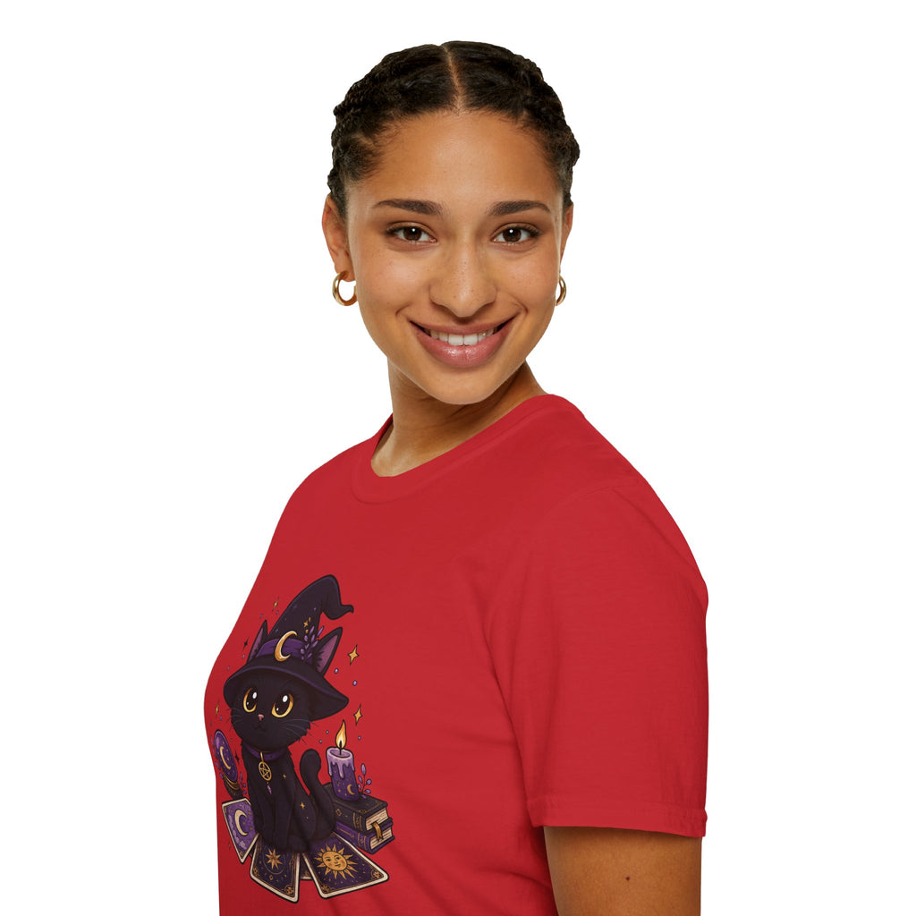Tarot Cat T-Shirt — Cute Black Cat with Witch Hat & Tarot Candles