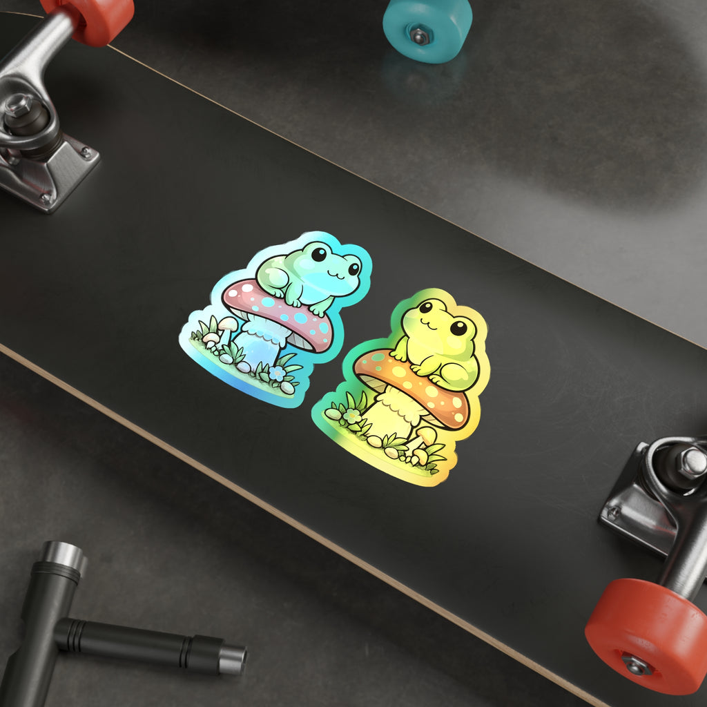 Holographic Frog on Mushroom Die-Cut Sticker — Cute Kawaii Vinyl Decal