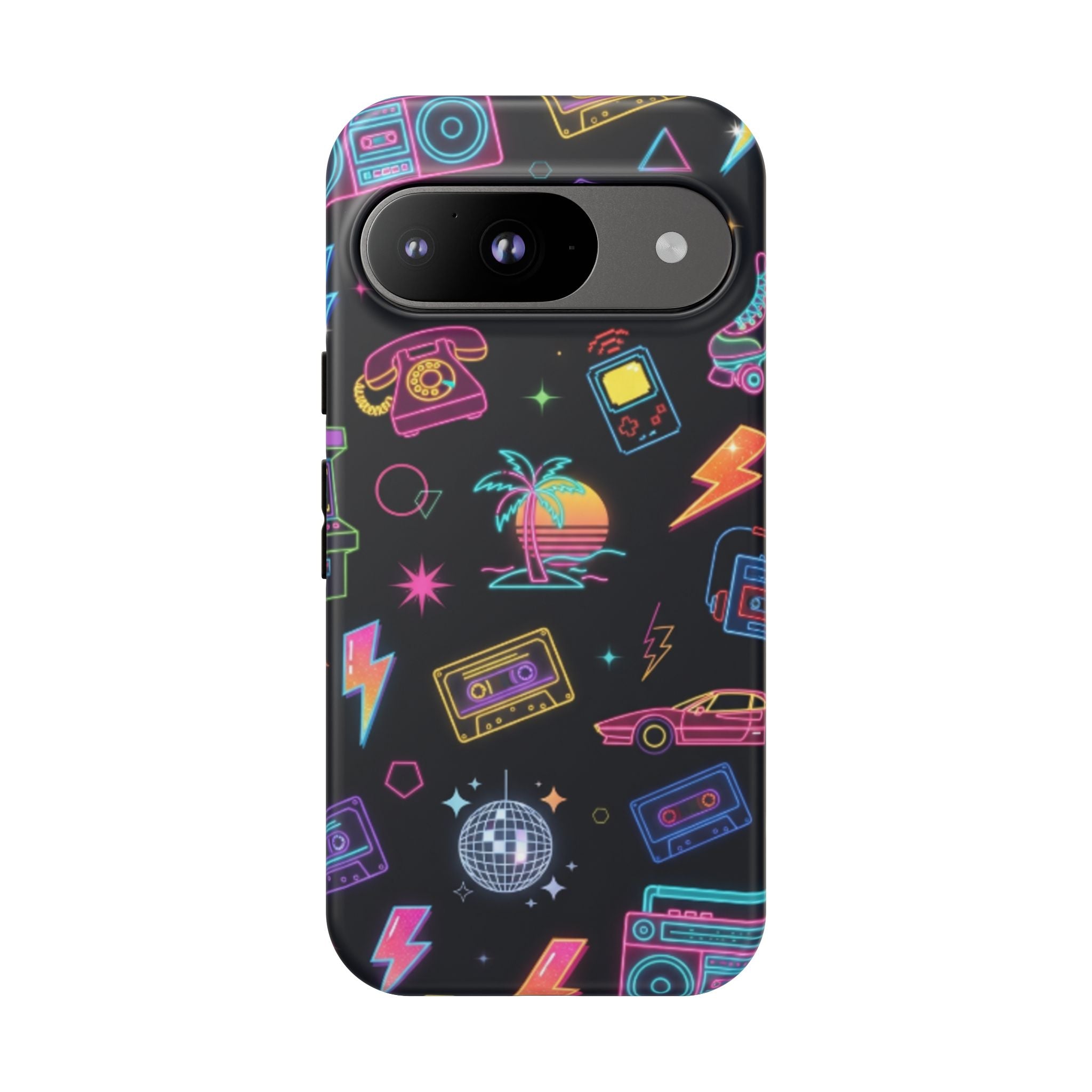 Retro Neon 80s Phone Case — Cassette, Roller Skate & Palm Tree Pattern