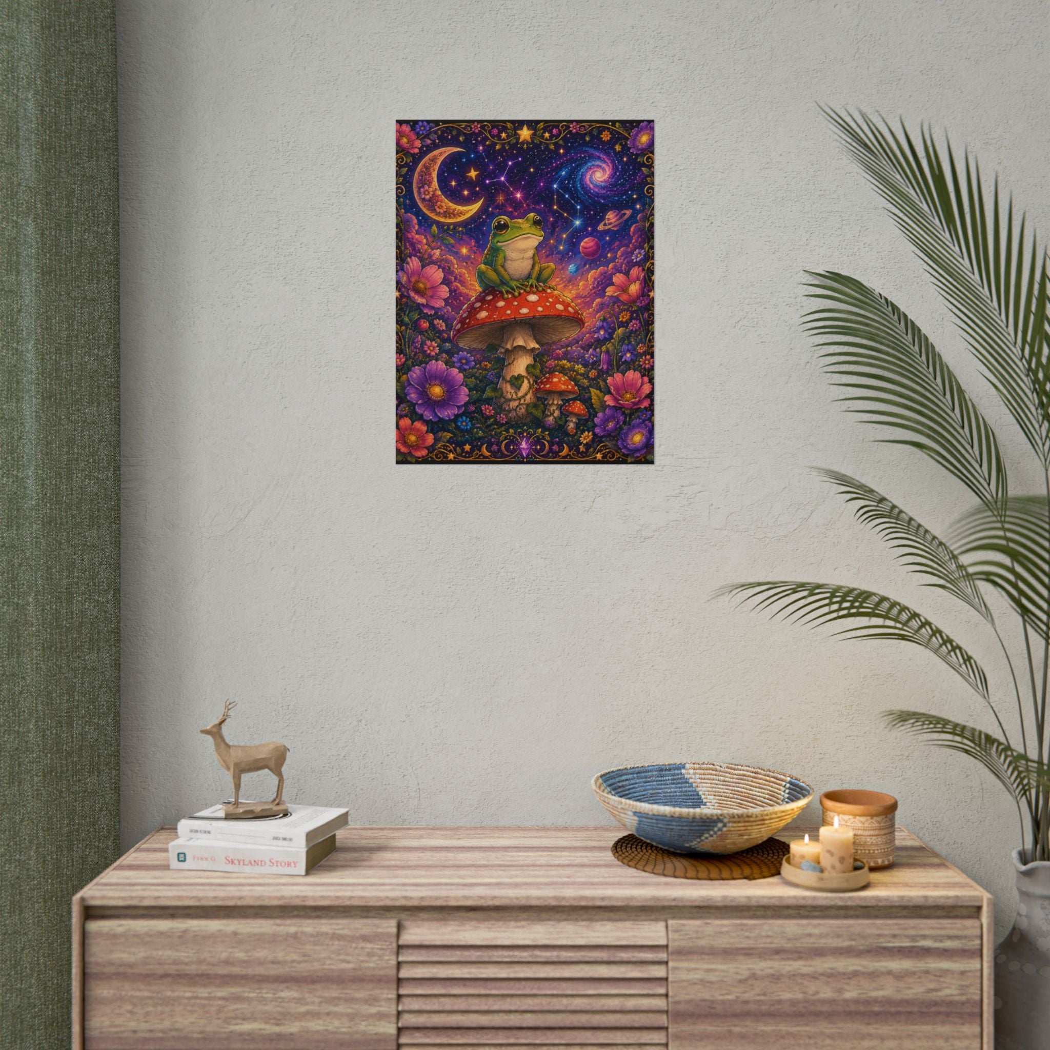 Psychedelic Cosmic Frog Red Capped Mushroom Poster — Cosmic Moon & Stars Wall Art