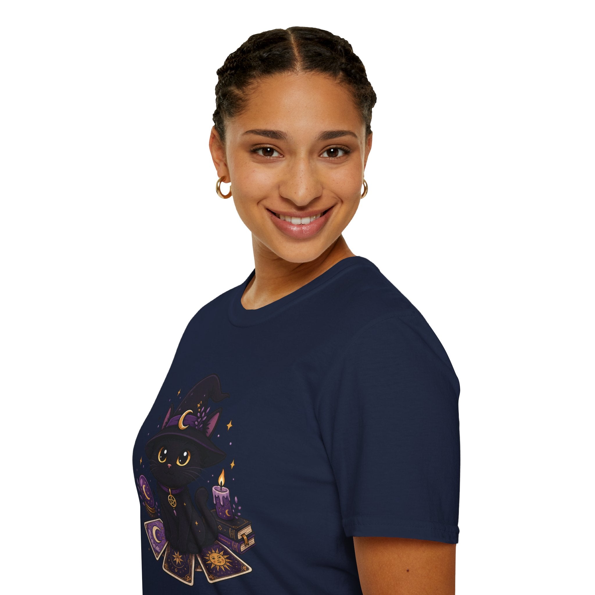 Tarot Cat T-Shirt — Cute Black Cat with Witch Hat & Tarot Candles