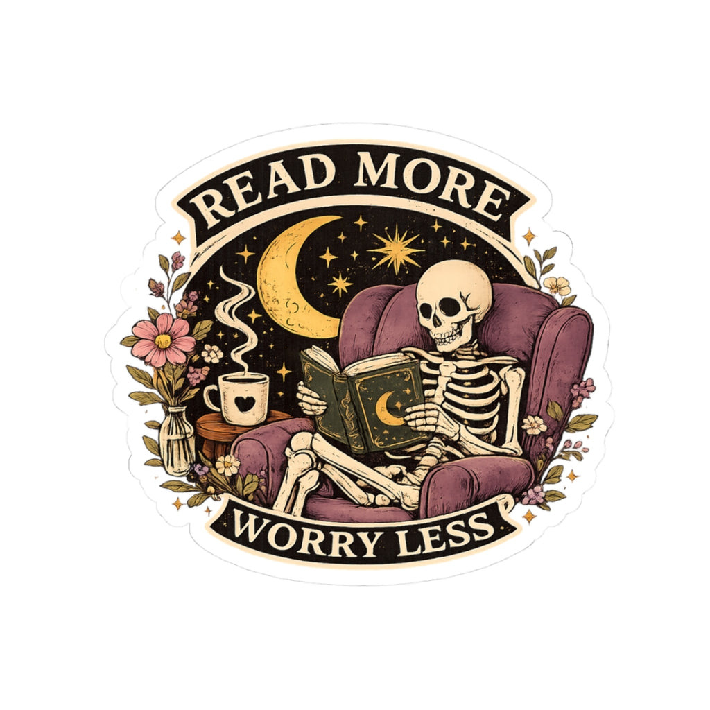 Read More Worry Less Sticker — Skeleton Reading by Moonlight Kiss-Cut Vinyl