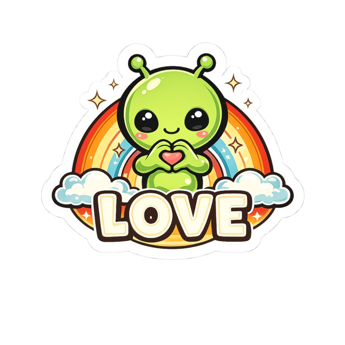 Cute Alien 'Love' Kiss-Cut Sticker – Rainbow Heart Laptop Decal