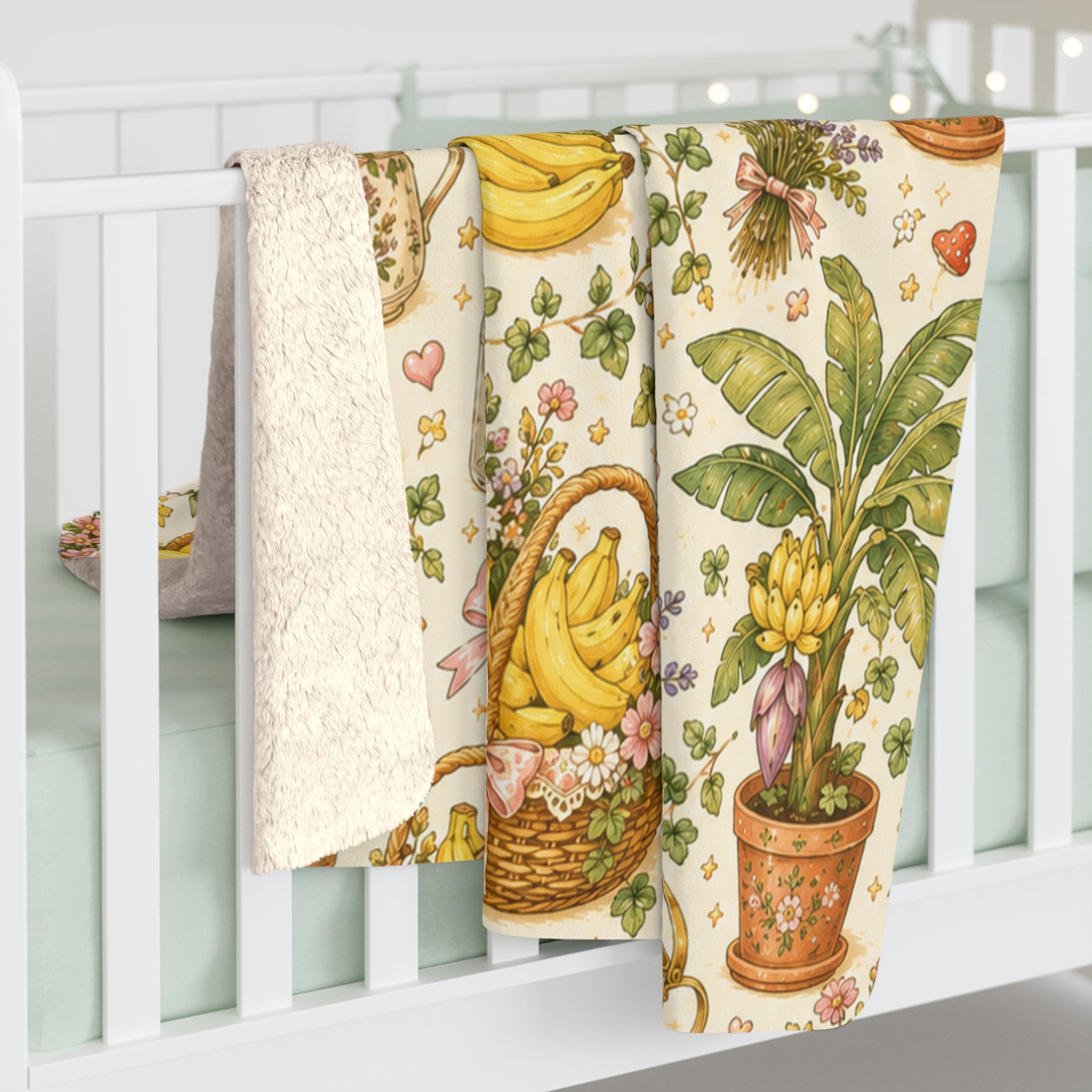 Vintage Banana Sherpa Blanket — Cozy Garden Basket Fleece Throw
