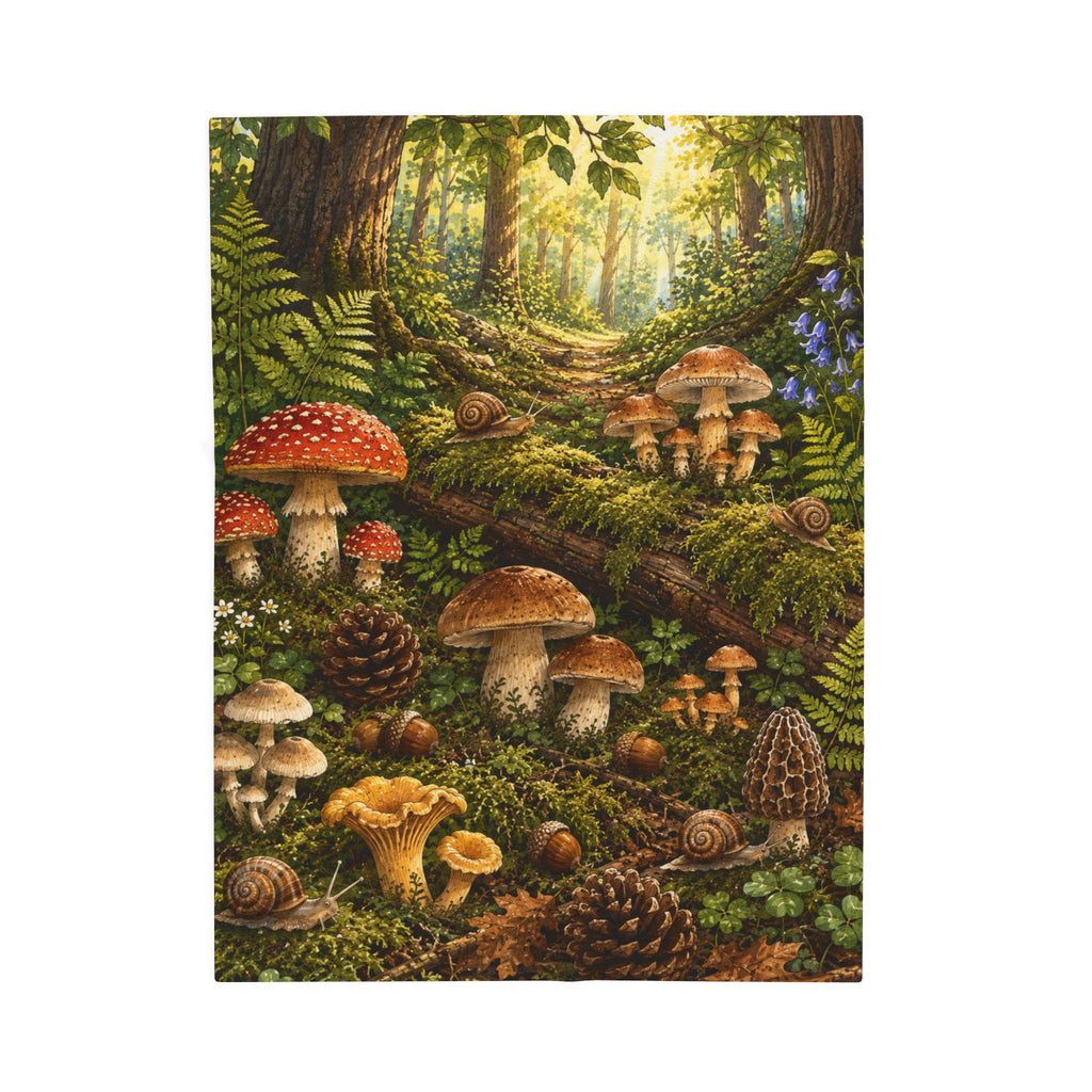 Forest Mushrooms Velveteen Plush Blanket — Cozy Forest Mushroom Scene Throw
