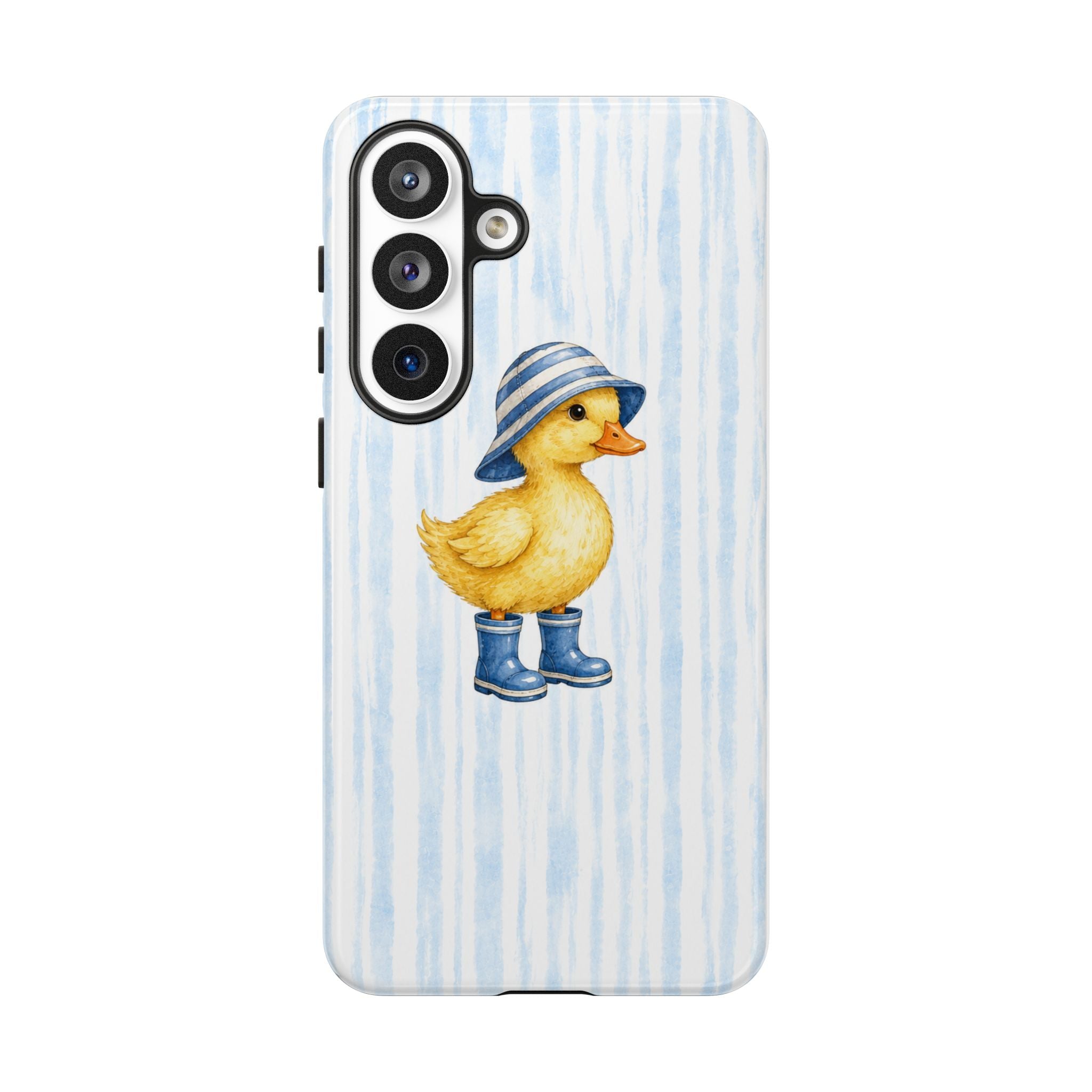 Cute Duckling Phone Case – Baby Blue Stripes with Duck in Hat & Boots