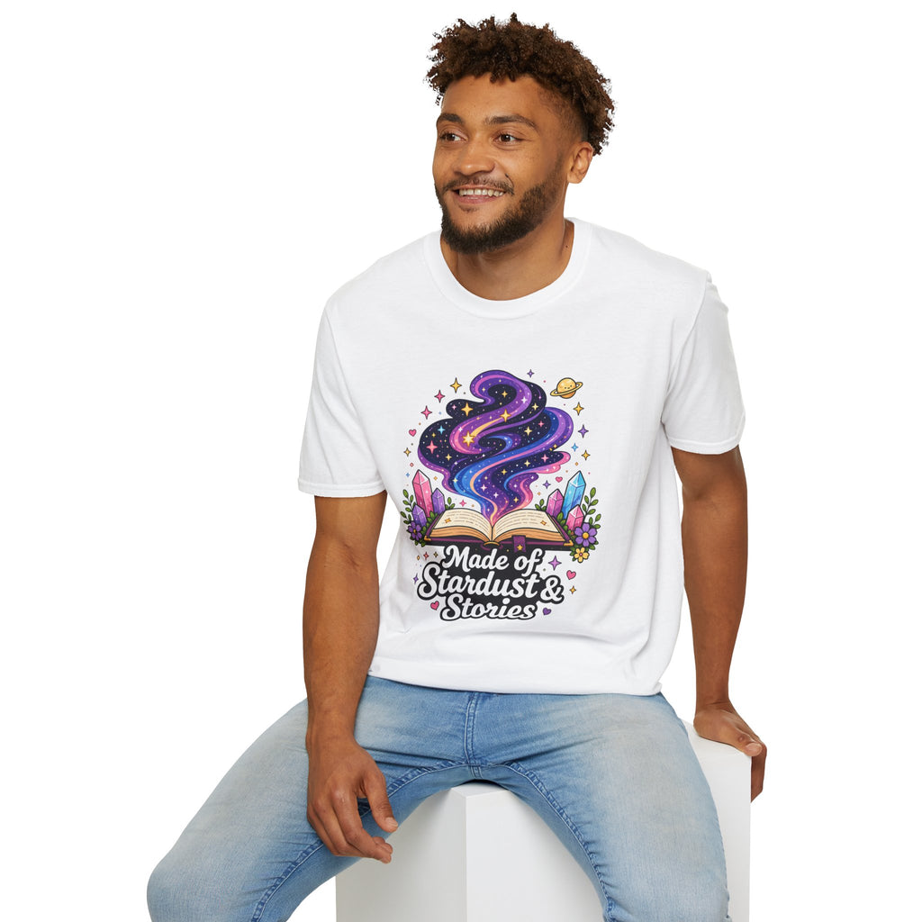 Booklover T-Shirt — “Made of Stardust & Stories” Cosmic Crystal Graphic Tee