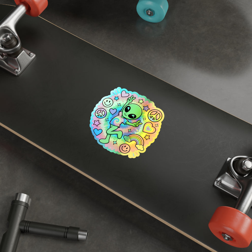 Holographic Alien Peace Sticker — Tie-Dye Vibe Die-Cut Sticker #06