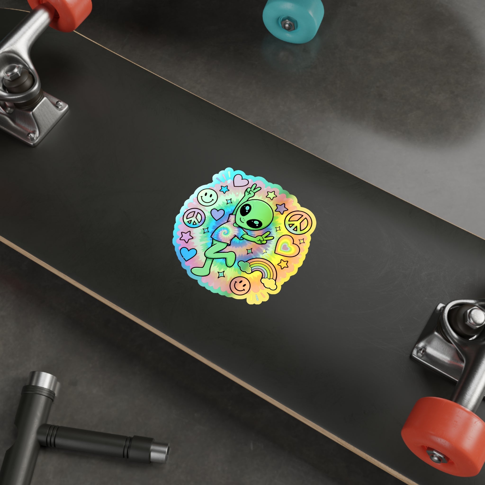 Holographic Alien Peace Sticker — Tie-Dye Vibe Die-Cut Sticker #06