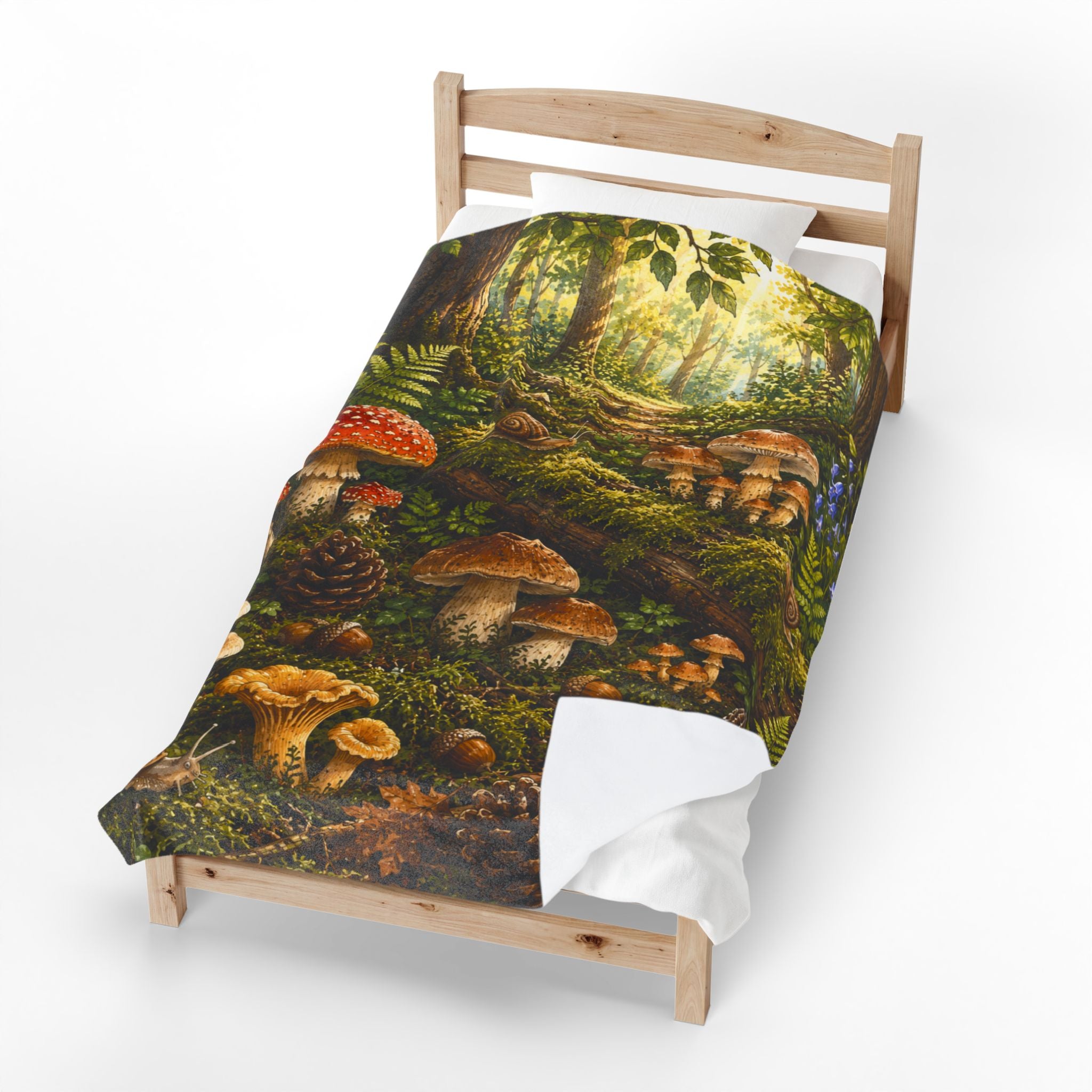 Forest Mushrooms Velveteen Plush Blanket — Cozy Forest Mushroom Scene Throw