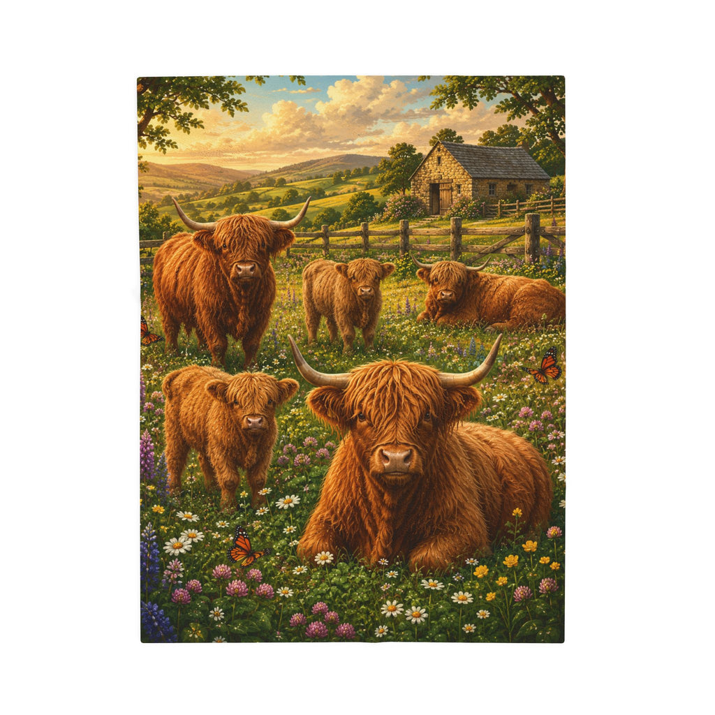 Highland Cattle Velveteen Plush Blanket — Cozy Farmhouse Throw with Highland Cow Family Design