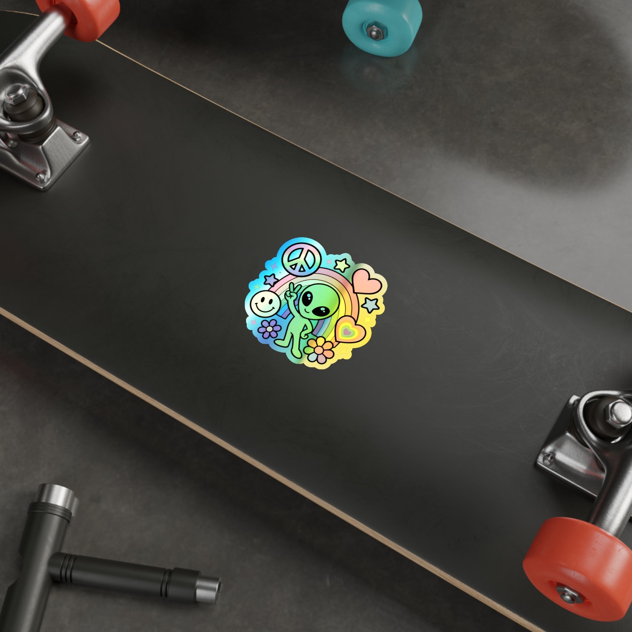 Holographic Alien Peace Sticker — Rainbow Die-Cut Vinyl #02