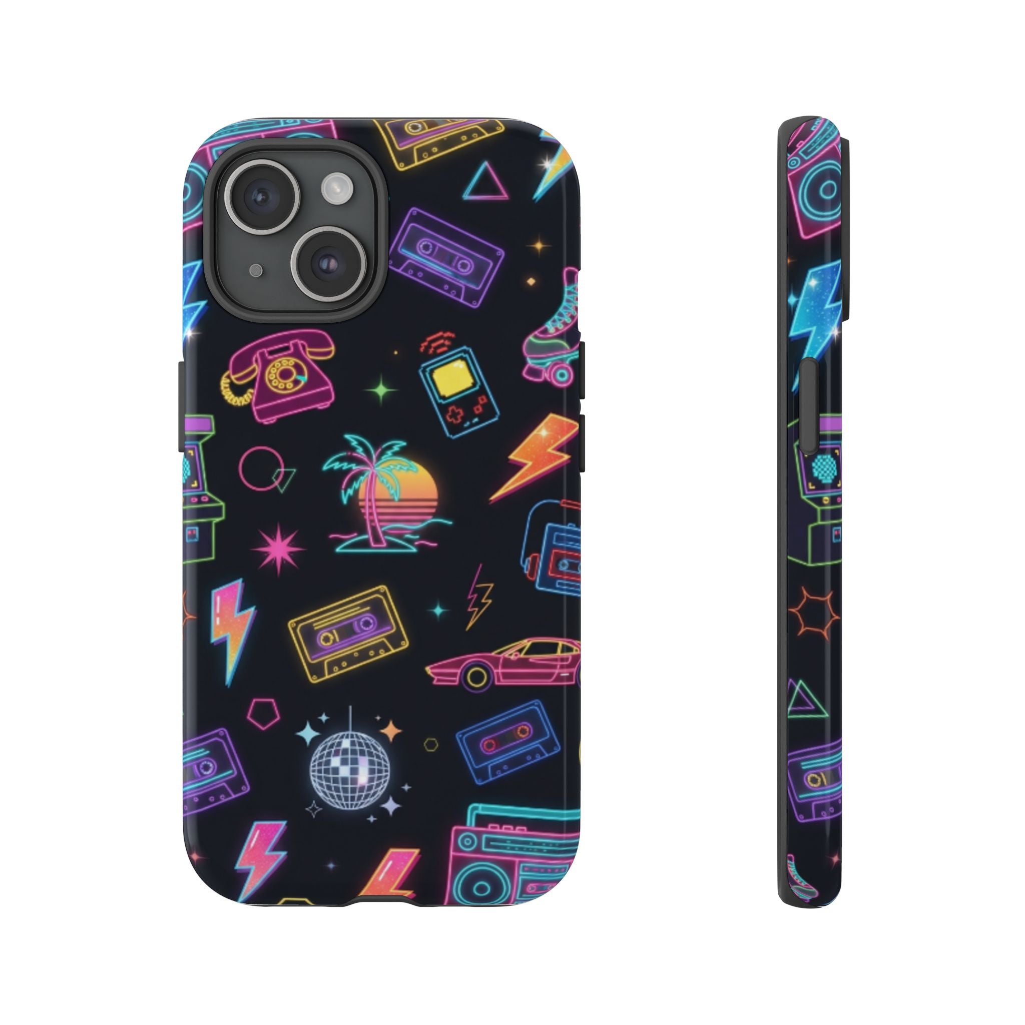 Retro Neon 80s Phone Case — Cassette, Roller Skate & Palm Tree Pattern