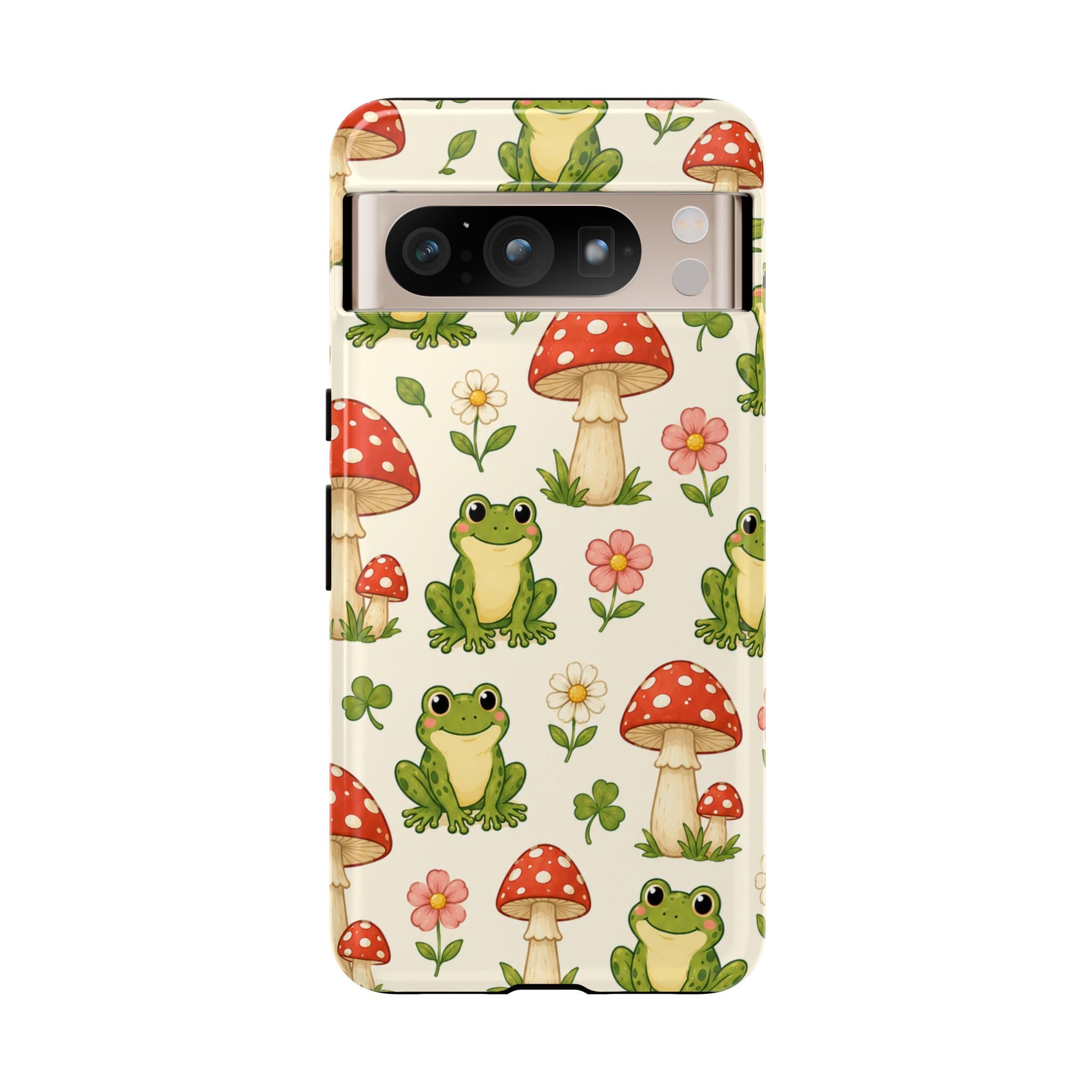 Kawaii Frog & Red Capped Mushroom Phone Case – Cute Nature Pattern Protective Cover