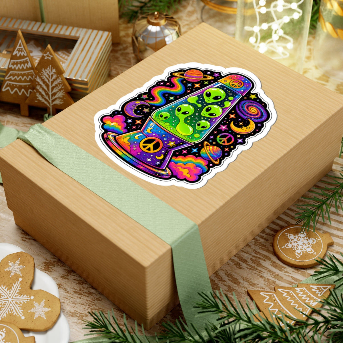 Psychedelic Alien Lava Lamp Kiss-Cut Sticker — Retro Space Peace Design