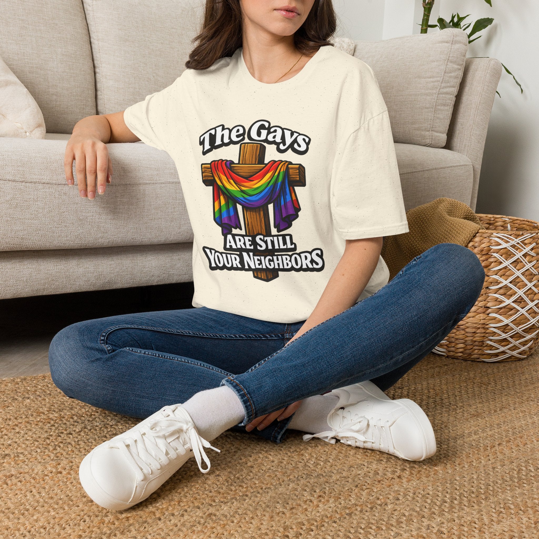T-Shirt — “The Gays Are Still Your Neighbors” Rainbow Cross Pride Tee