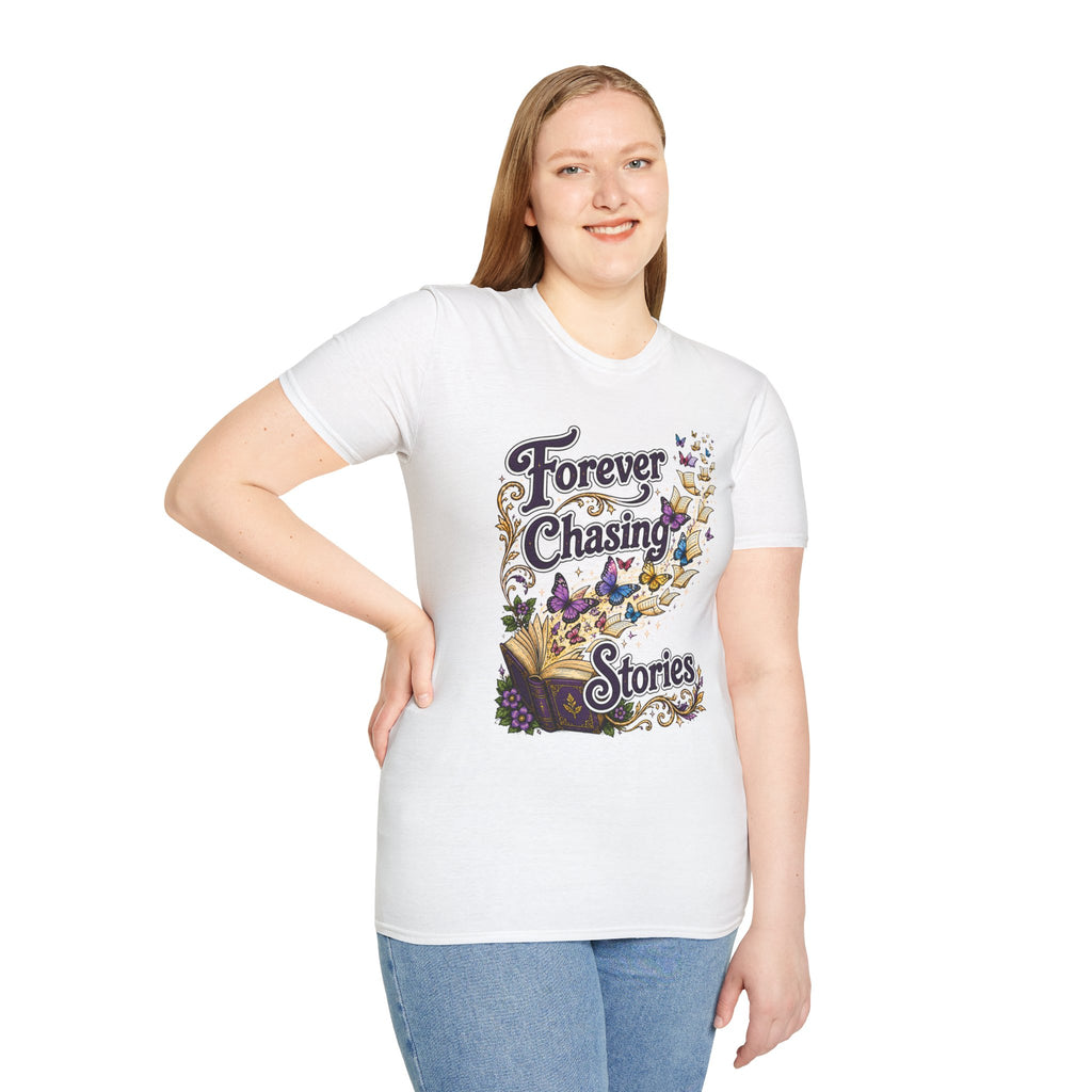 T-Shirt — "Forever Chasing Stories" Book Lover Graphic Tee