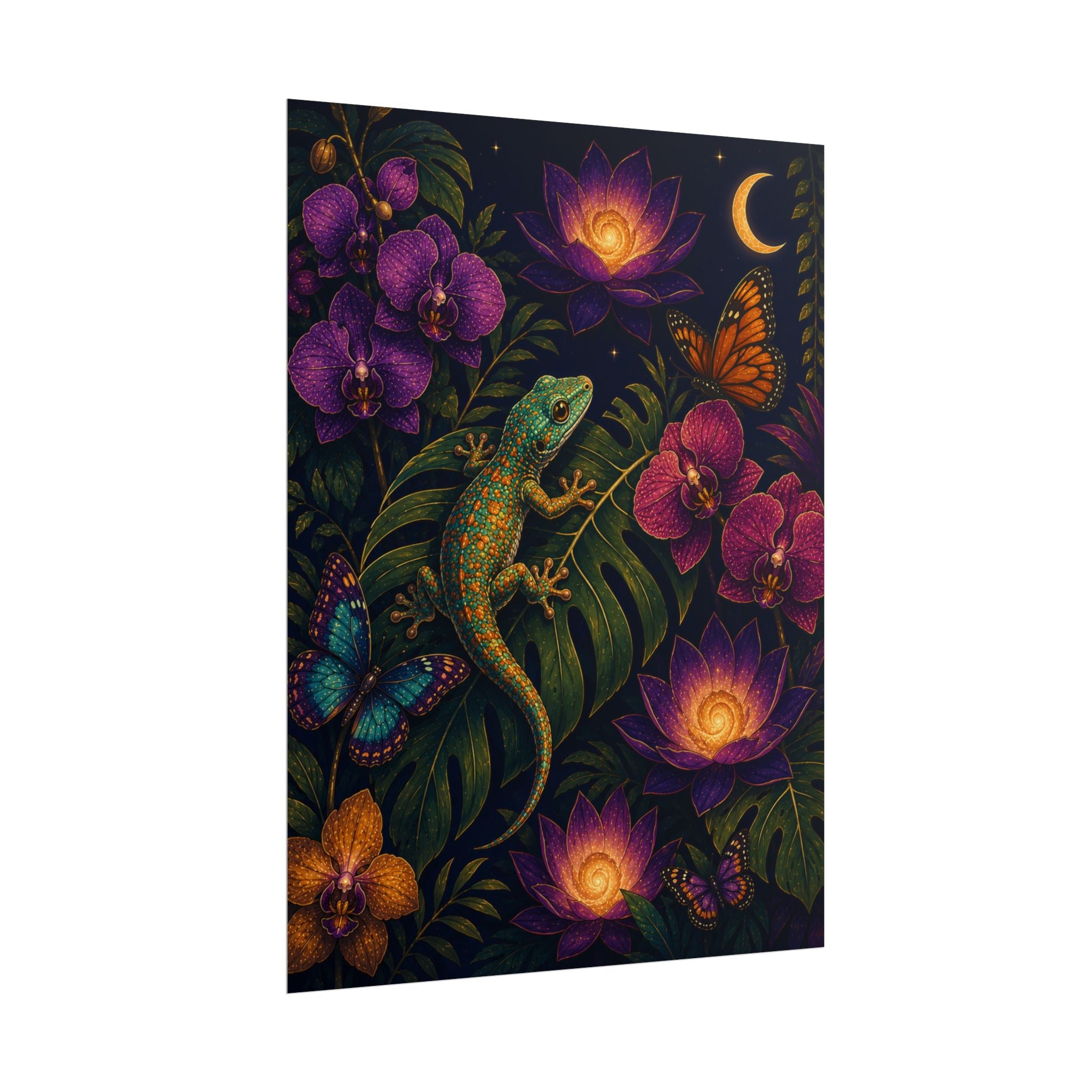 Starry Night Gecko Poster — Botanical Lizard Art Print with Moonlit Orchids & Butterflies