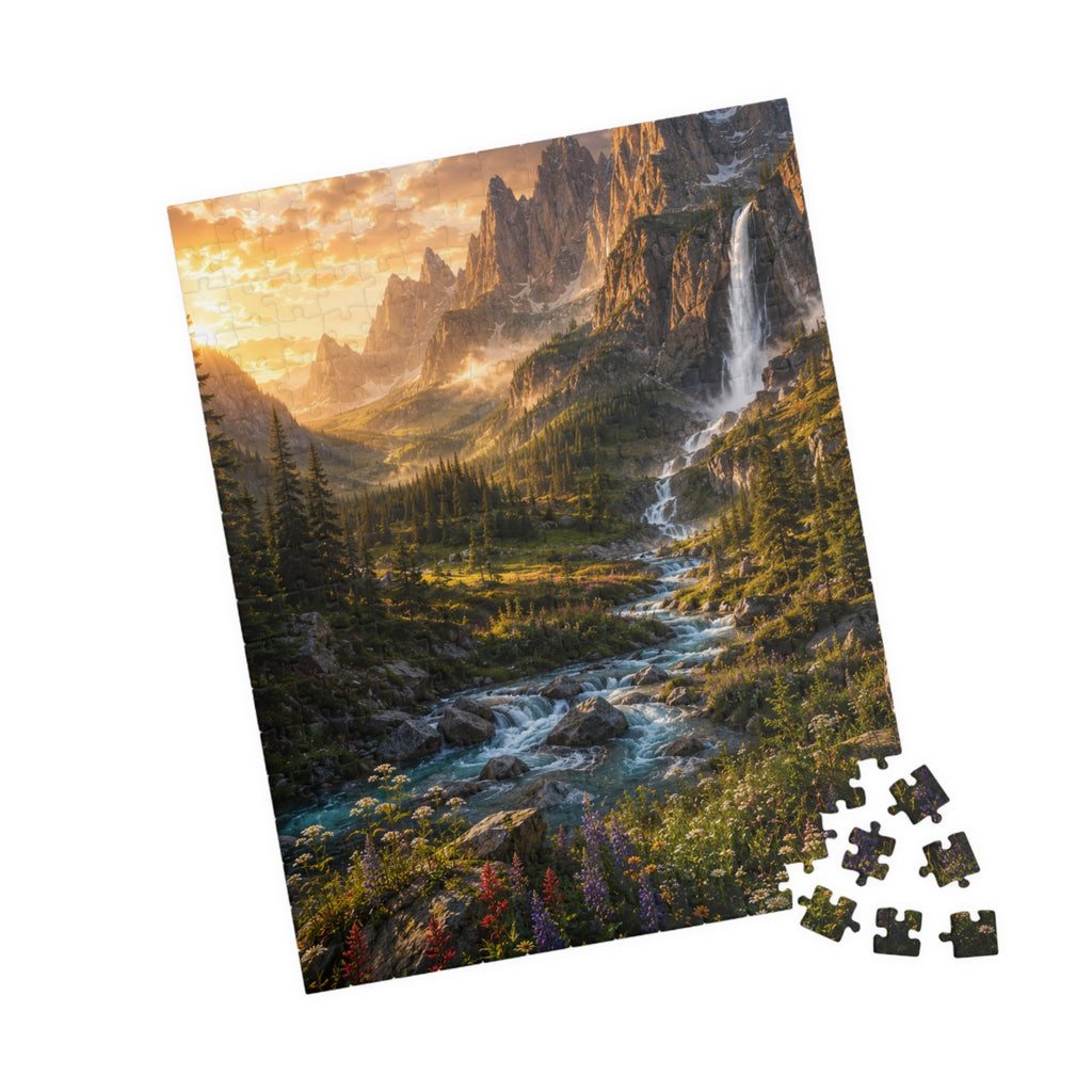 Mountain Valley Waterfall Jigsaw Puzzle — Scenic Nature Landscape Puzzle (110/252/520/1014 pcs)