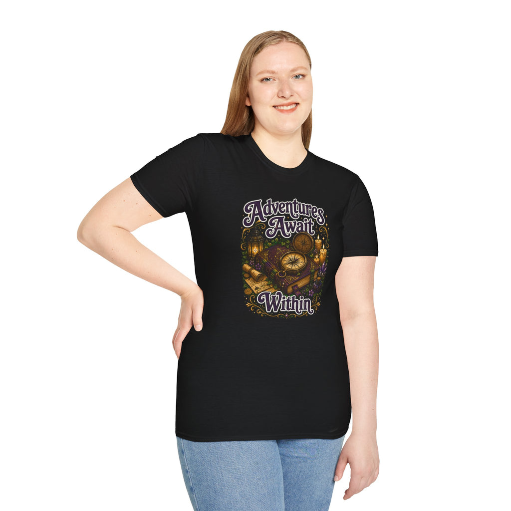 T-Shirt — "Adventures Await" Compass & Candle Travel Graphic