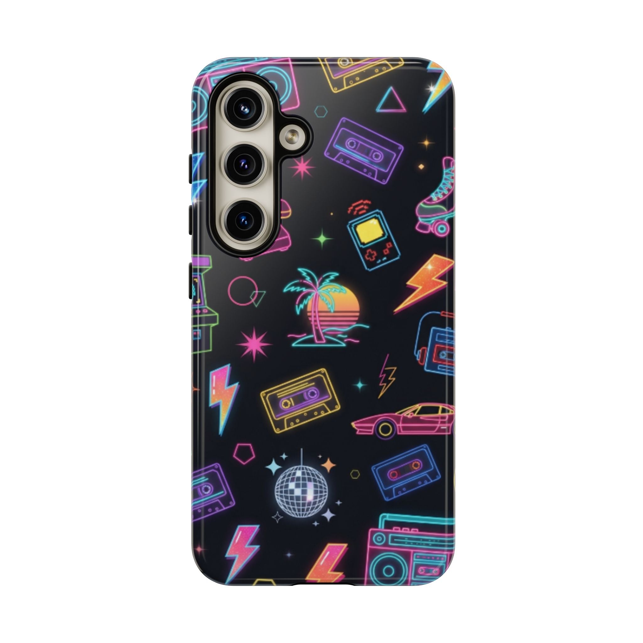Retro Neon 80s Phone Case — Cassette, Roller Skate & Palm Tree Pattern