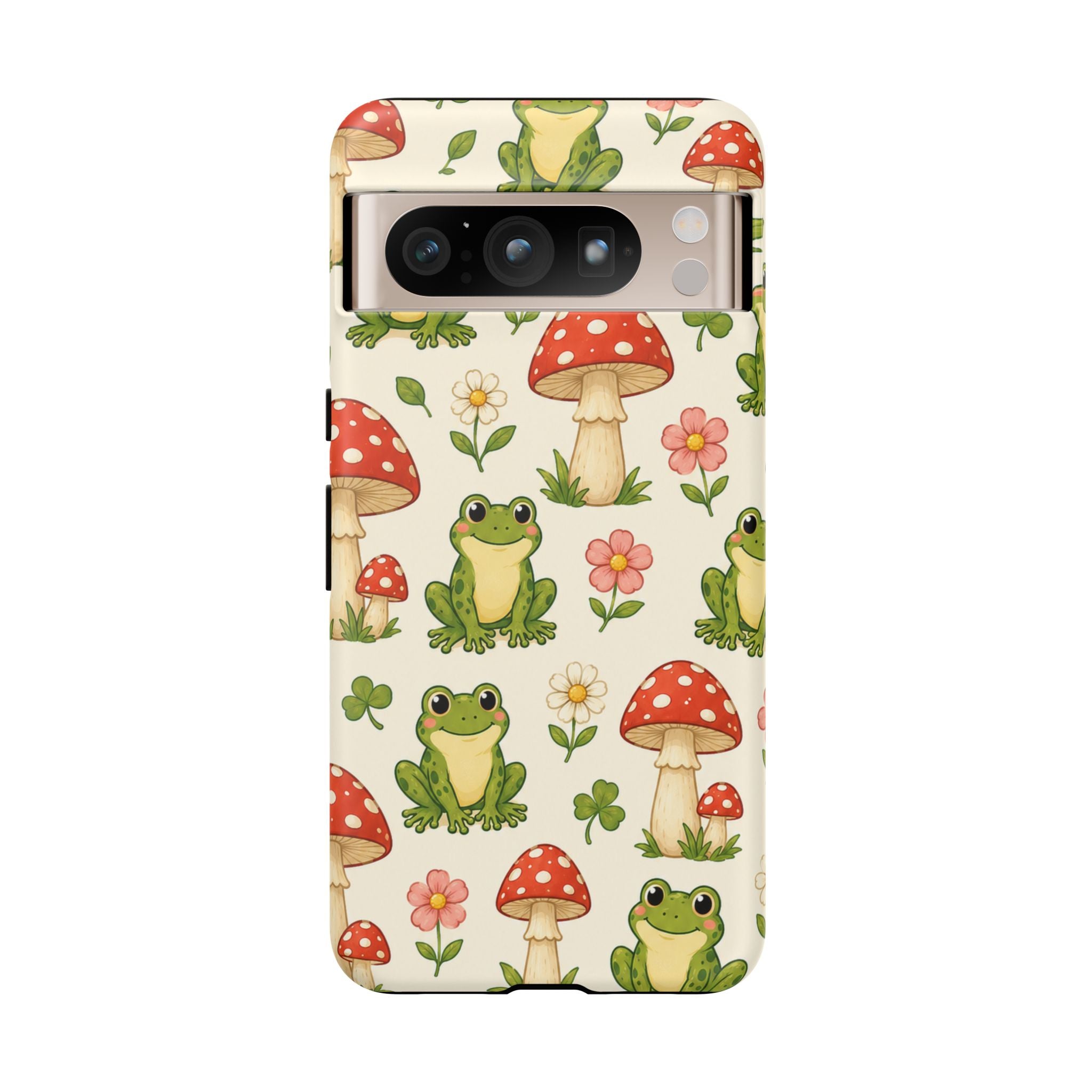 Kawaii Frog & Red Capped Mushroom Phone Case – Cute Nature Pattern Protective Cover